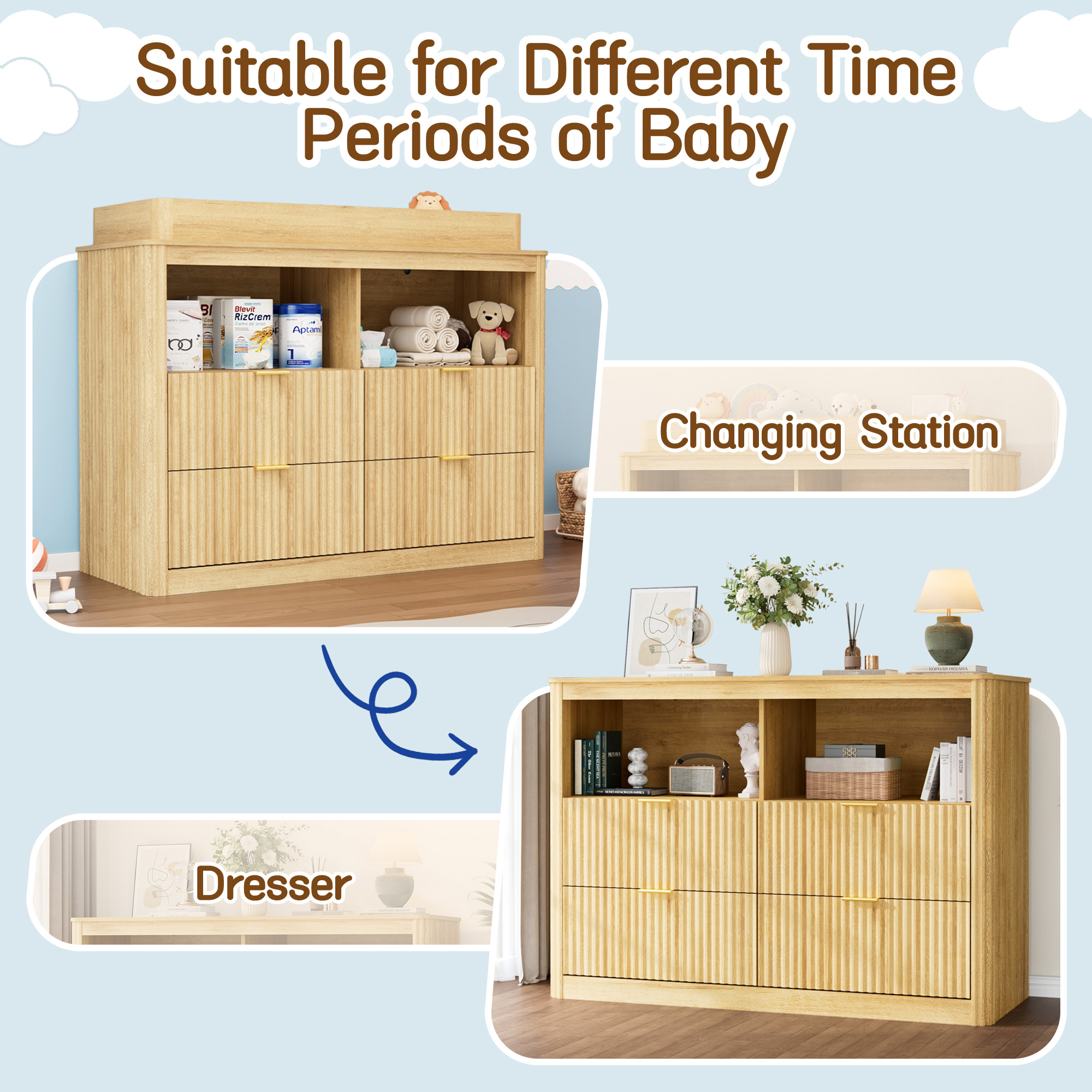 ChVans Fluted Changing Table Dresser, 2-in-1 Convertible Baby Changing Station with Capacity Changing Tray, Removable Topper, Nursery Dresser with 4 Drawers & Open Storage, Anti-Tipping Device