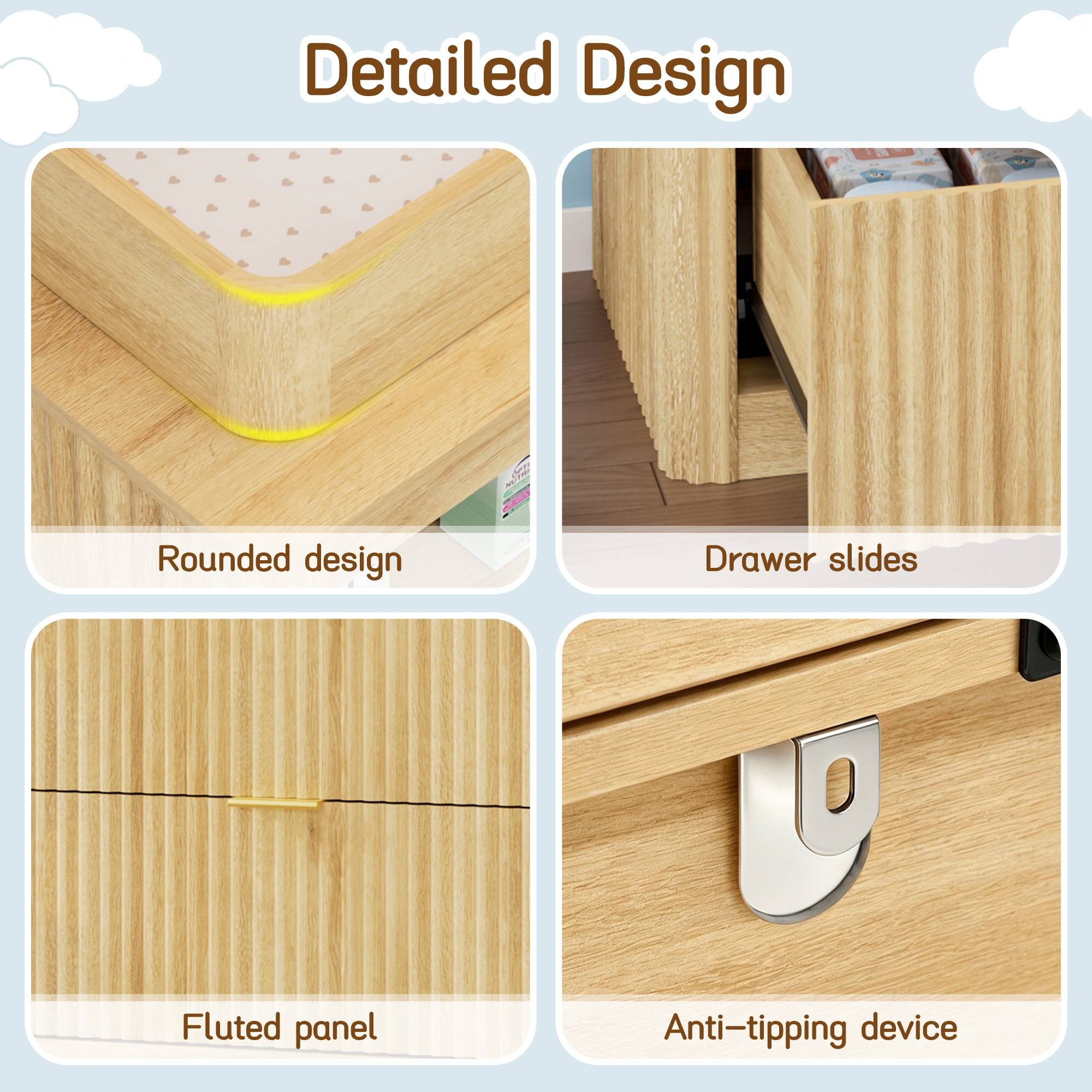 ChVans Fluted Changing Table Dresser, 2-in-1 Convertible Baby Changing Station with Capacity Changing Tray, Removable Topper, Nursery Dresser with 4 Drawers & Open Storage, Anti-Tipping Device