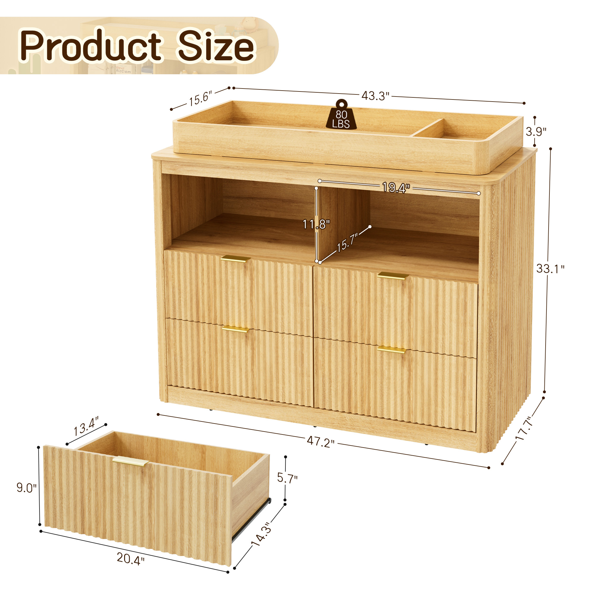 ChVans Fluted Changing Table Dresser, 2-in-1 Convertible Baby Changing Station with Capacity Changing Tray, Removable Topper, Nursery Dresser with 4 Drawers & Open Storage, Anti-Tipping Device