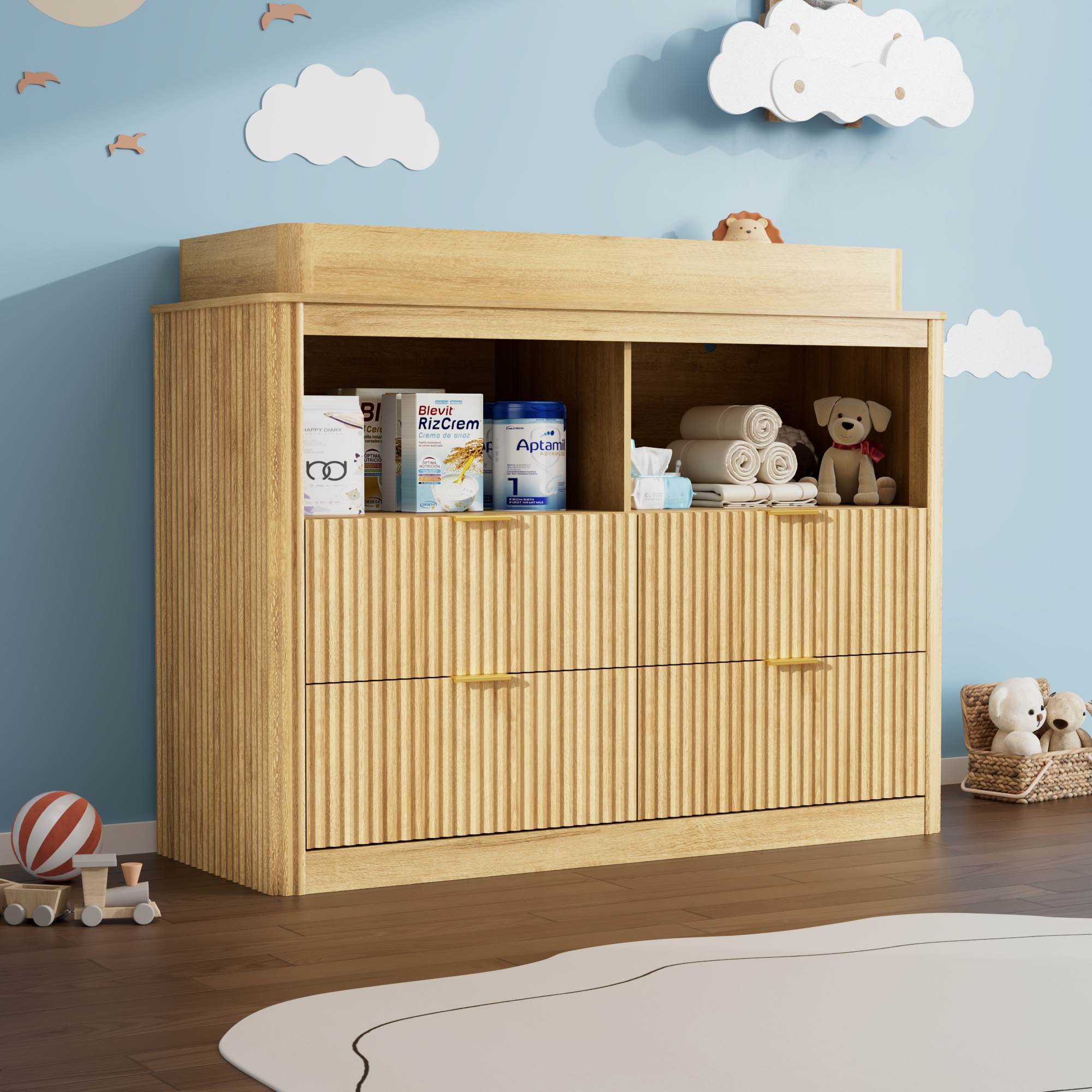 ChVans Fluted Changing Table Dresser, 2-in-1 Convertible Baby Changing Station with Capacity Changing Tray, Removable Topper, Nursery Dresser with 4 Drawers & Open Storage, Anti-Tipping Device