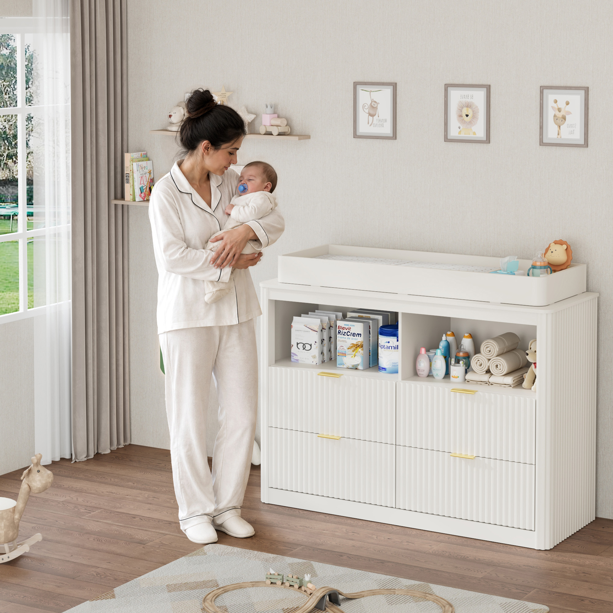 ChVans Fluted Changing Table Dresser, 2-in-1 Convertible Baby Changing Station with Capacity Changing Tray, Removable Topper, Nursery Dresser with 4 Drawers & Open Storage, Anti-Tipping Device