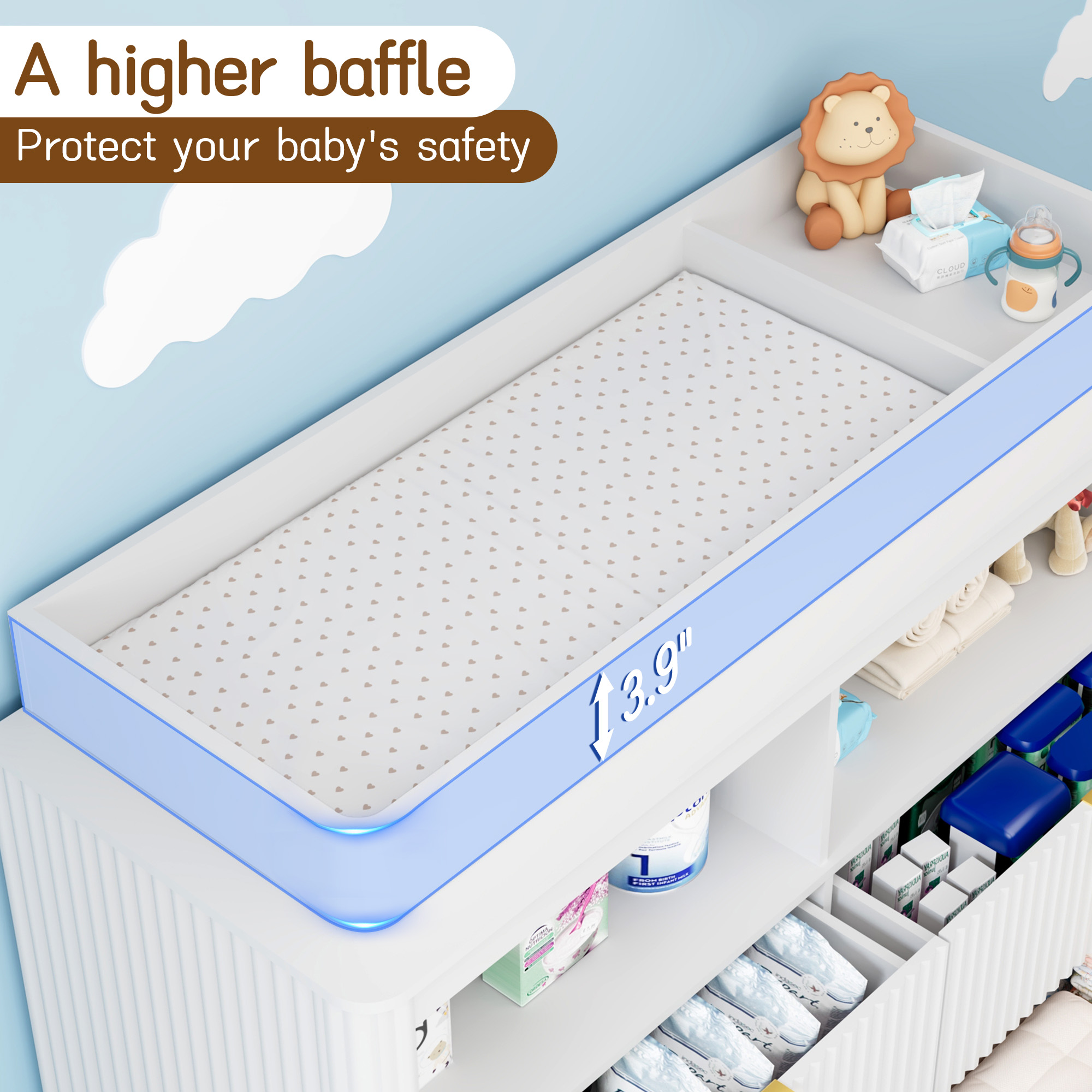 ChVans Fluted Changing Table Dresser, 2-in-1 Convertible Baby Changing Station with Capacity Changing Tray, Removable Topper, Nursery Dresser with 4 Drawers & Open Storage, Anti-Tipping Device