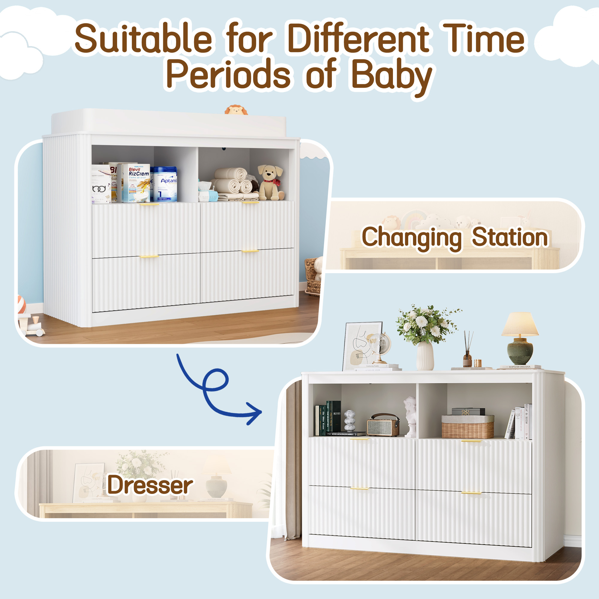 ChVans Fluted Changing Table Dresser, 2-in-1 Convertible Baby Changing Station with Capacity Changing Tray, Removable Topper, Nursery Dresser with 4 Drawers & Open Storage, Anti-Tipping Device