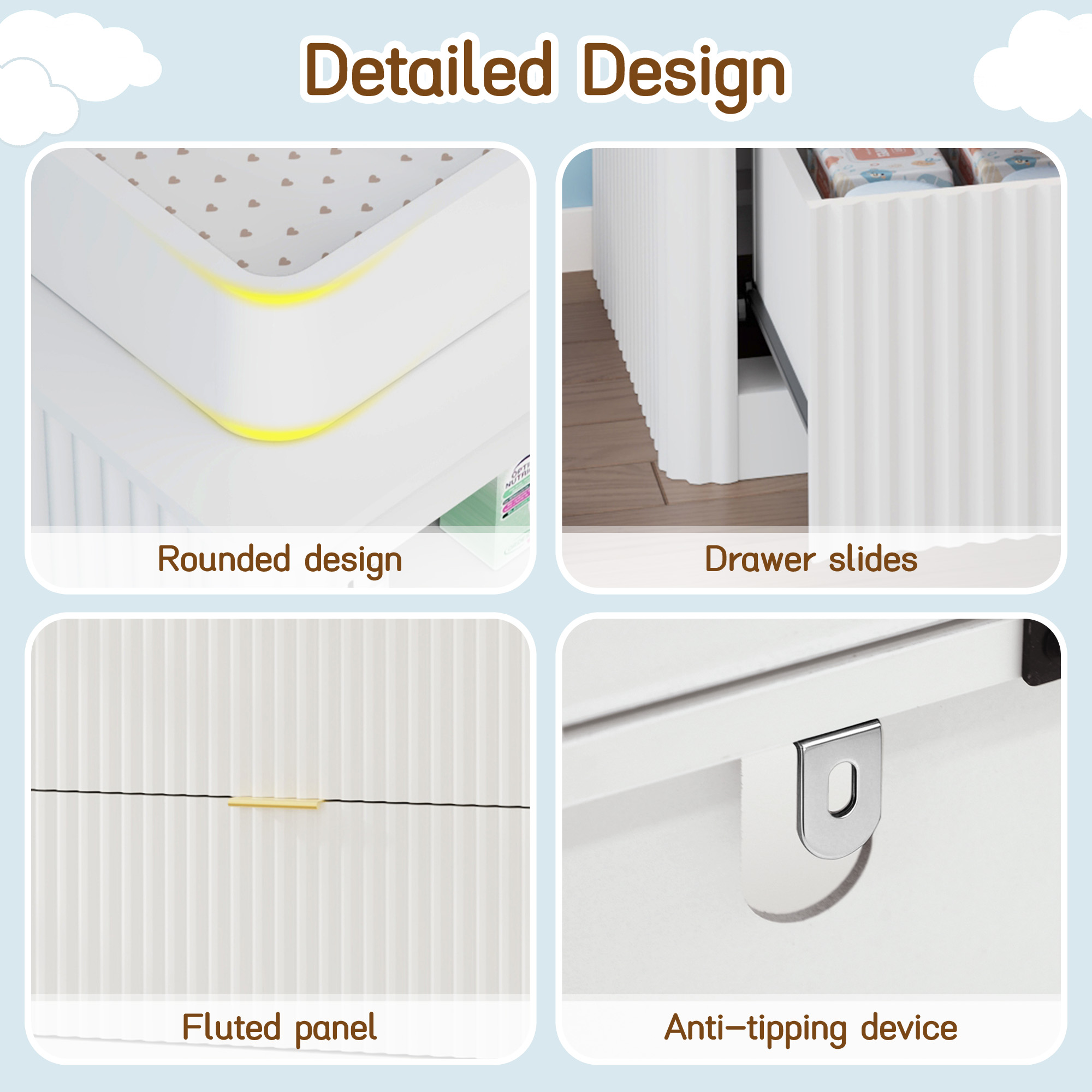 ChVans Fluted Changing Table Dresser, 2-in-1 Convertible Baby Changing Station with Capacity Changing Tray, Removable Topper, Nursery Dresser with 4 Drawers & Open Storage, Anti-Tipping Device