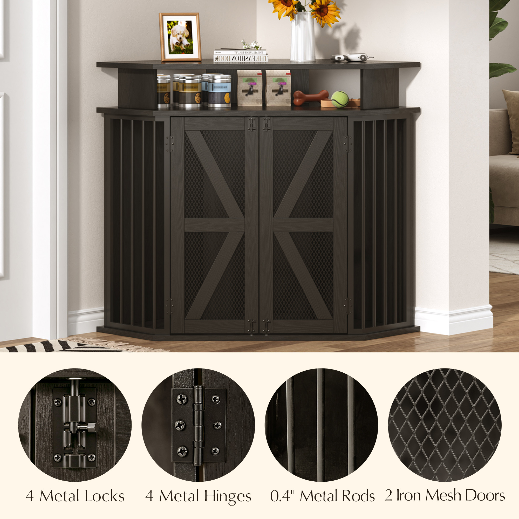 ChVans 48" Furniture-Style Corner Dog Crate, Large Wooden Dog House for Medium/Large Dogs