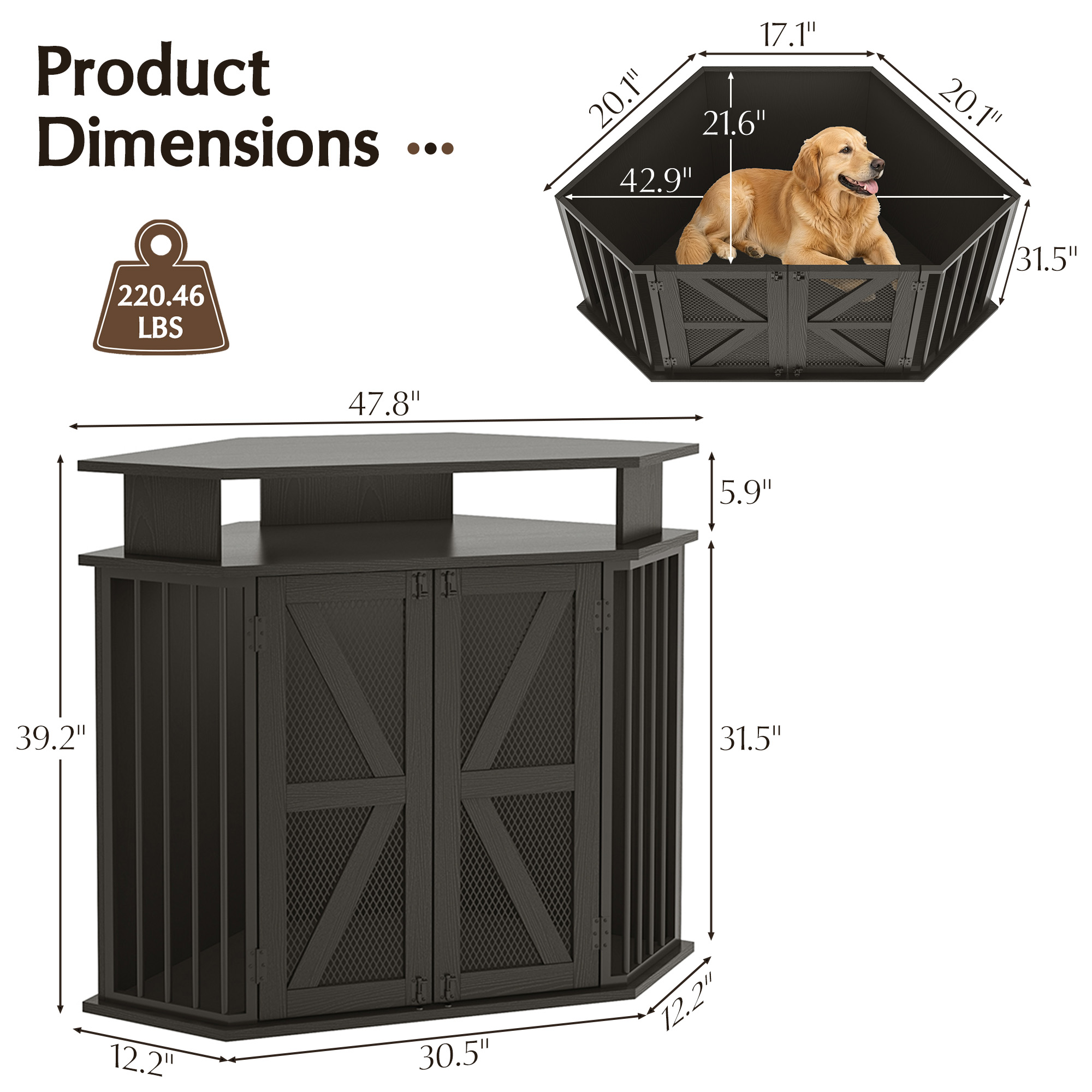 ChVans 48" Furniture-Style Corner Dog Crate, Large Wooden Dog House for Medium/Large Dogs
