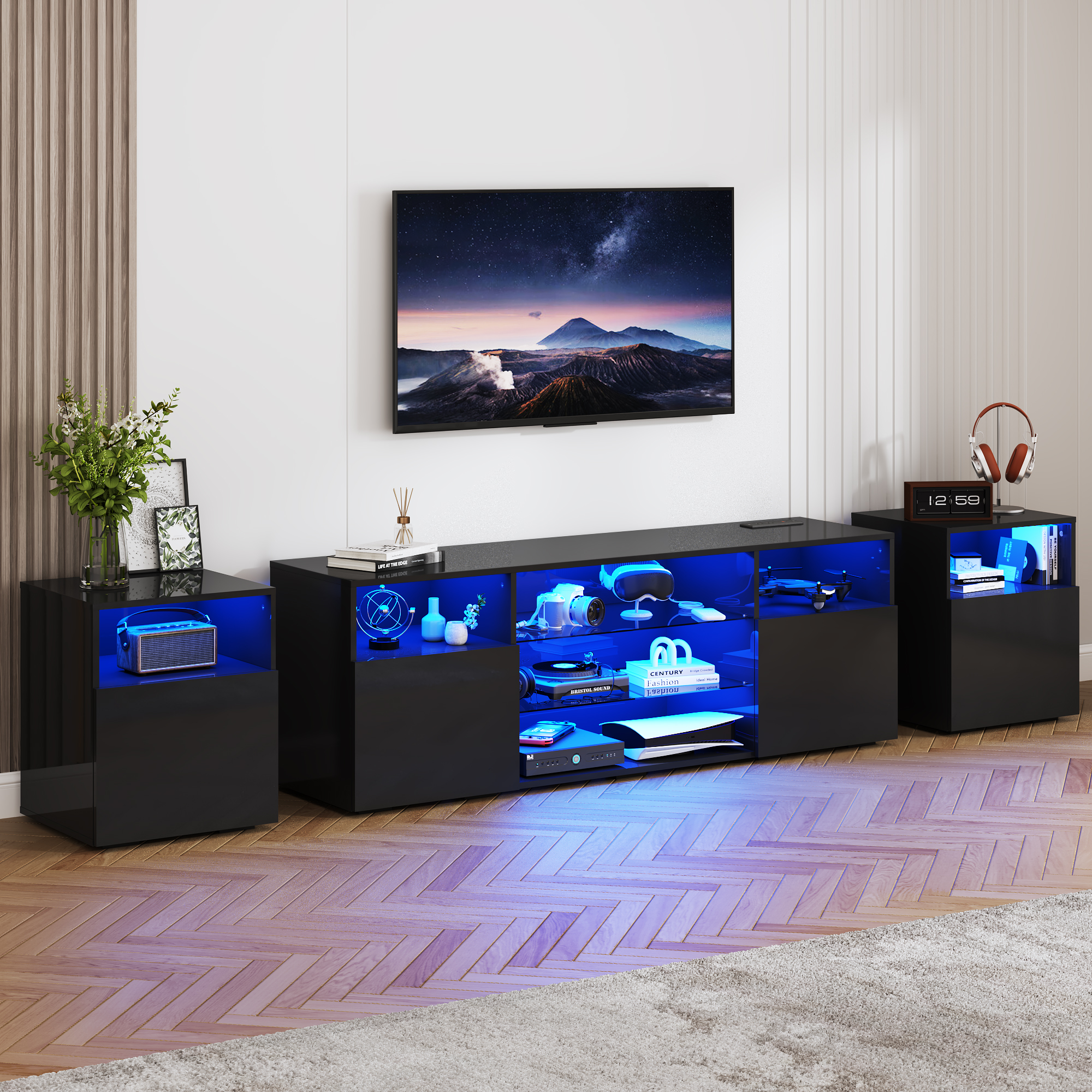 98'' Modular LED TV Stand for TVs up to 100'', High Gloss Gaming Entertainment Center with RGB Lights, Cabinets, Tempered Glass Shelves, Media Console for Game Room Living Room