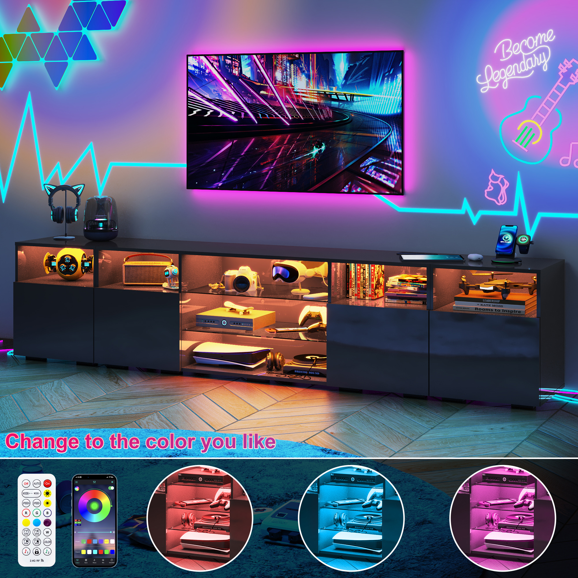 98'' Modular LED TV Stand for TVs up to 100'', High Gloss Gaming Entertainment Center with RGB Lights, Cabinets, Tempered Glass Shelves, Media Console for Game Room Living Room