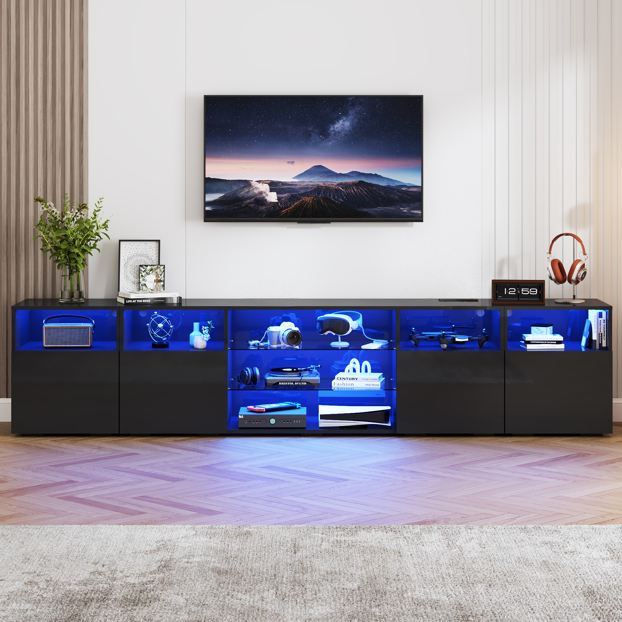98'' Modular LED TV Stand for TVs up to 100'', High Gloss Gaming Entertainment Center with RGB Lights, Cabinets, Tempered Glass Shelves, Media Console for Game Room Living Room