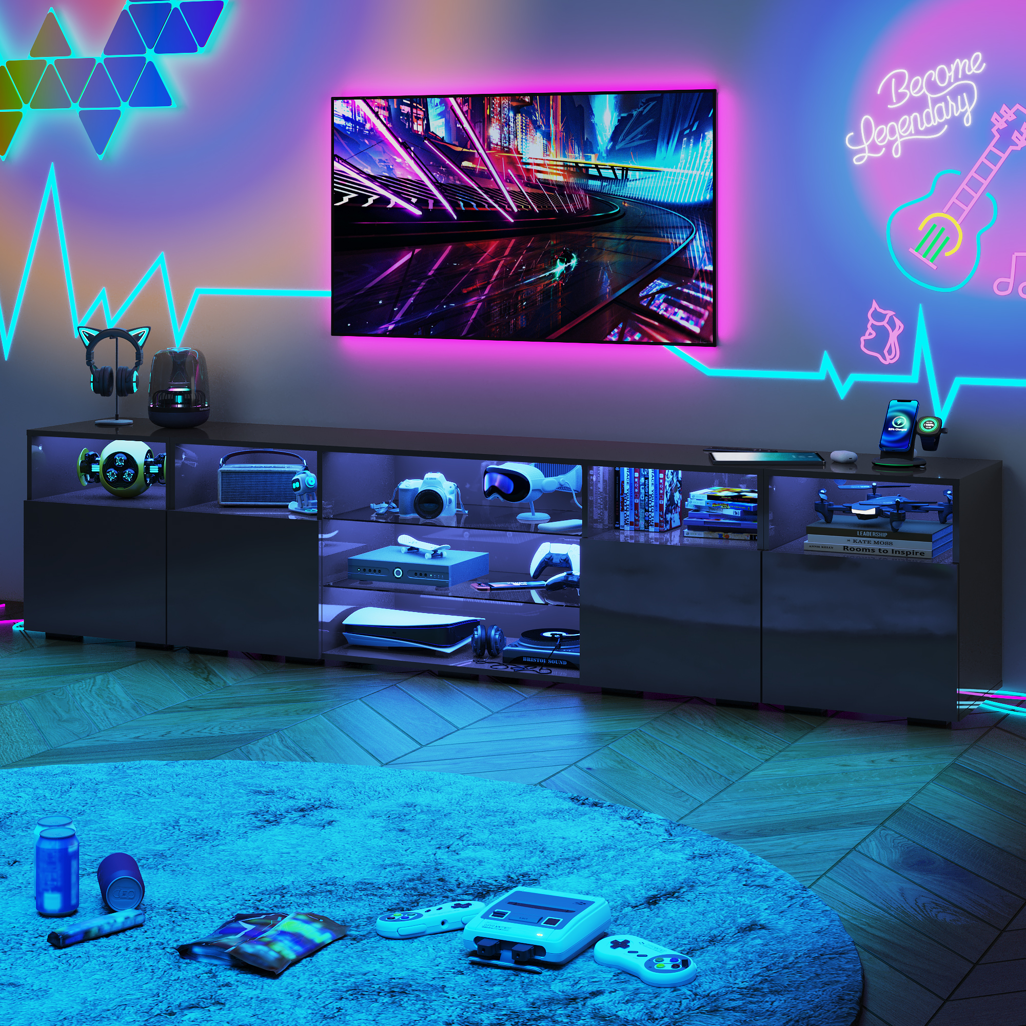 98'' Modular LED TV Stand for TVs up to 100'', High Gloss Gaming Entertainment Center with RGB Lights, Cabinets, Tempered Glass Shelves, Media Console for Game Room Living Room
