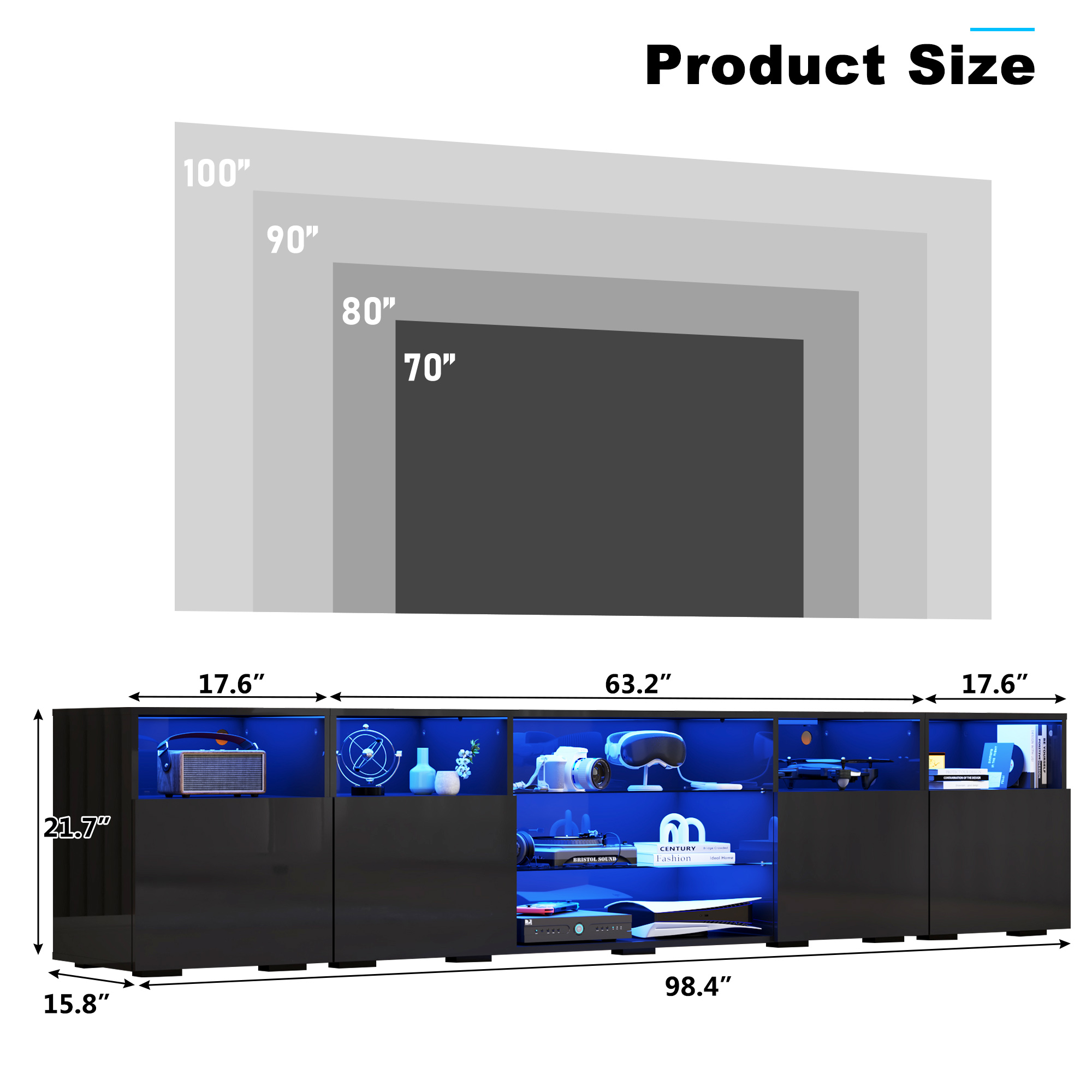 98'' Modular LED TV Stand for TVs up to 100'', High Gloss Gaming Entertainment Center with RGB Lights, Cabinets, Tempered Glass Shelves, Media Console for Game Room Living Room