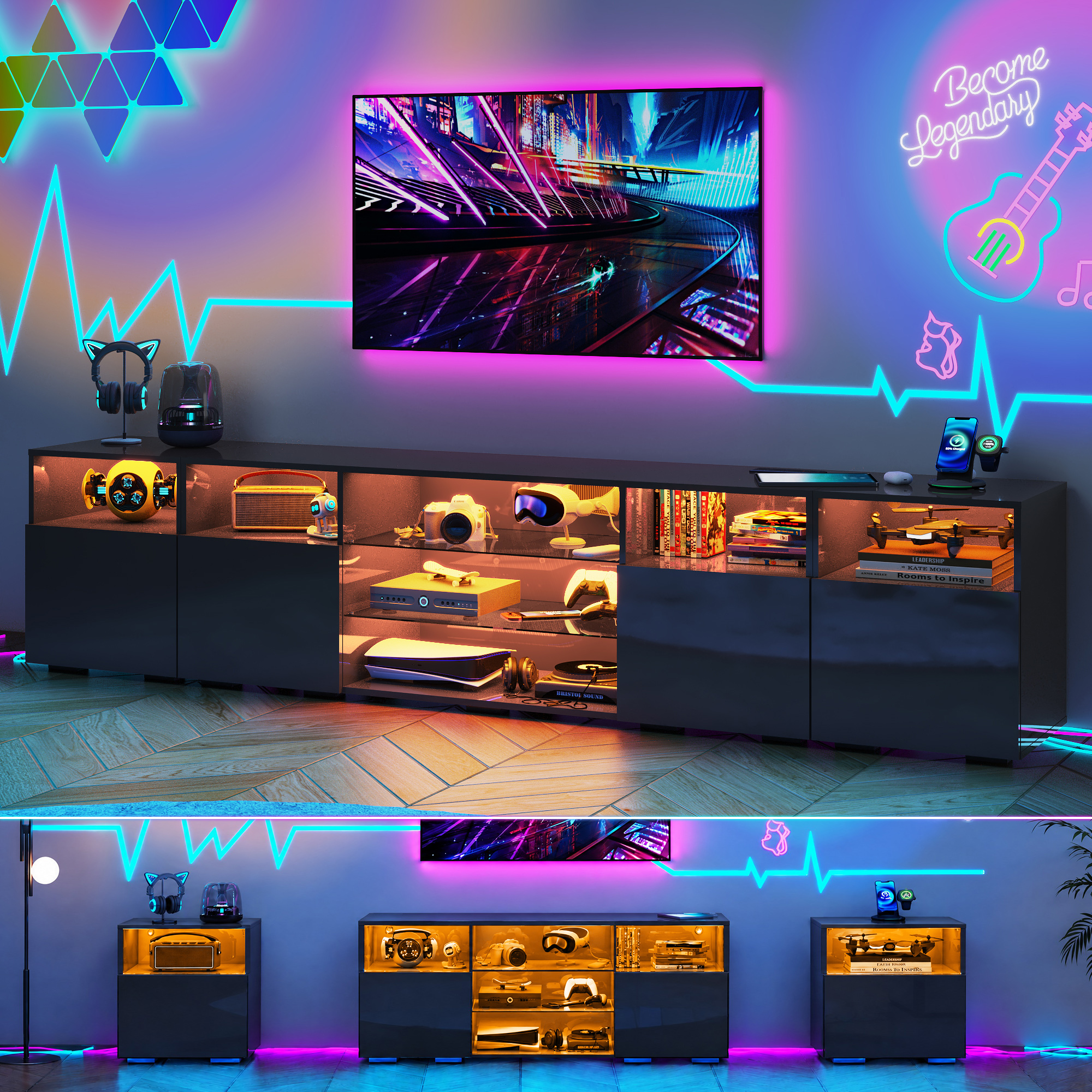 98'' Modular LED TV Stand for TVs up to 100'', High Gloss Gaming Entertainment Center with RGB Lights, Cabinets, Tempered Glass Shelves, Media Console for Game Room Living Room