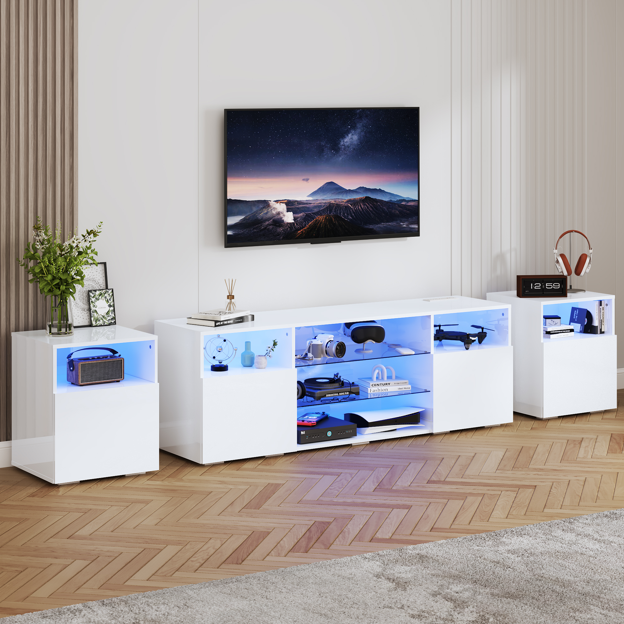 98'' Modular LED TV Stand for TVs up to 100'', High Gloss Gaming Entertainment Center with RGB Lights, Cabinets, Tempered Glass Shelves, Media Console for Game Room Living Room