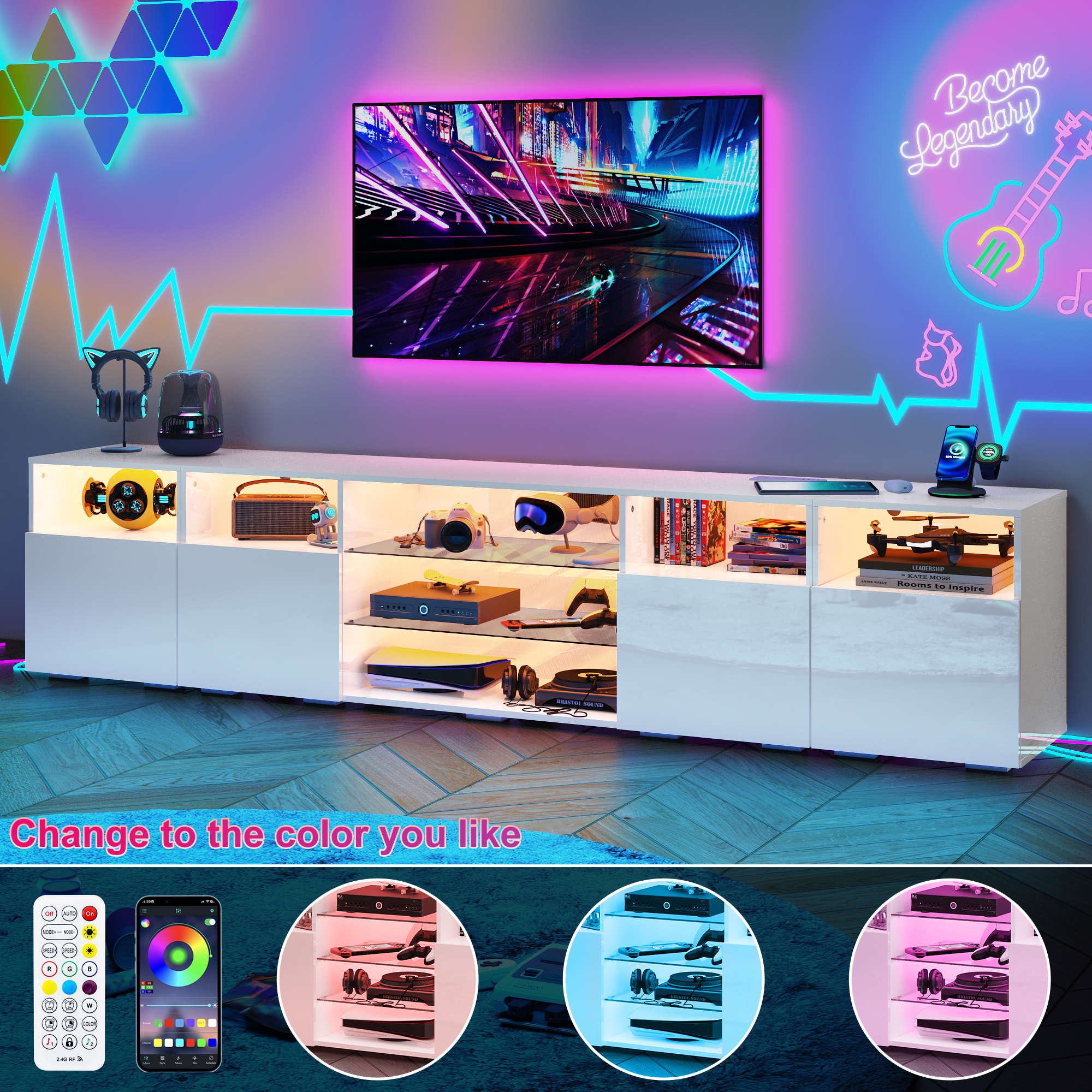 98'' Modular LED TV Stand for TVs up to 100'', High Gloss Gaming Entertainment Center with RGB Lights, Cabinets, Tempered Glass Shelves, Media Console for Game Room Living Room