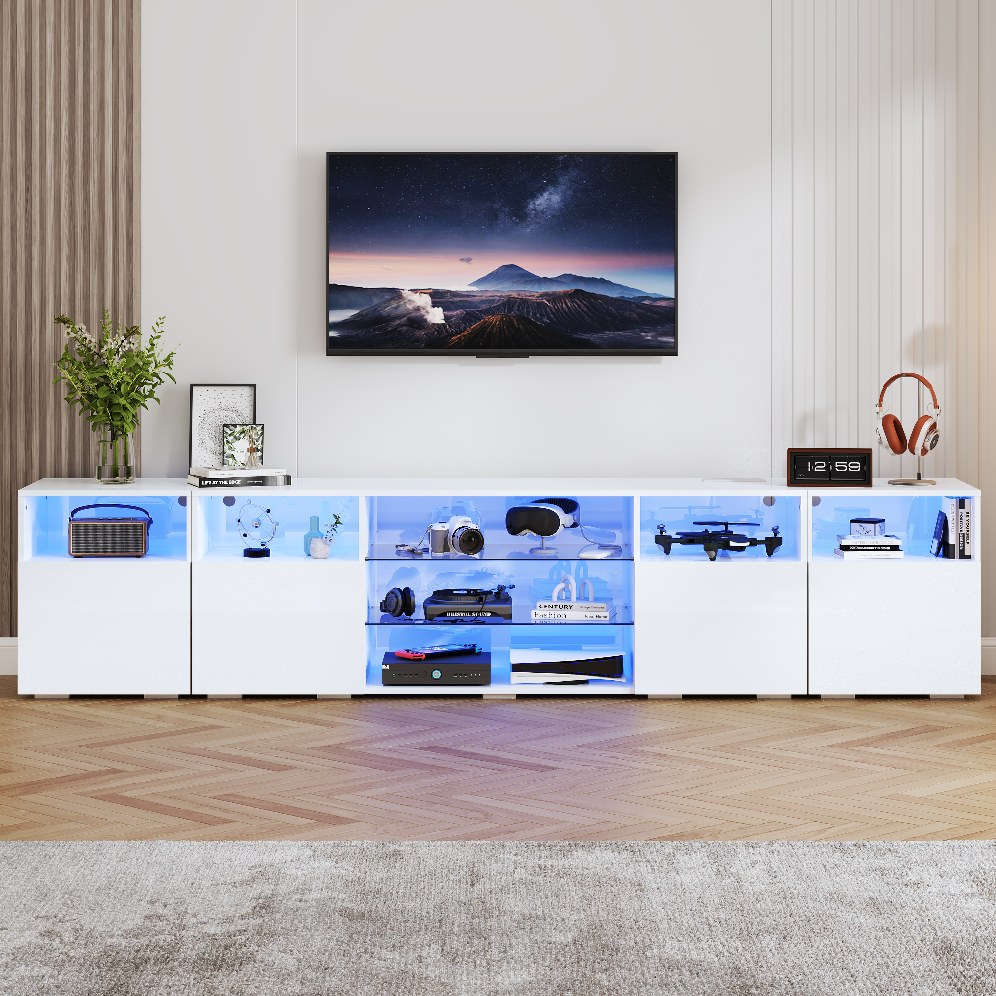 98'' Modular LED TV Stand for TVs up to 100'', High Gloss Gaming Entertainment Center with RGB Lights, Cabinets, Tempered Glass Shelves, Media Console for Game Room Living Room