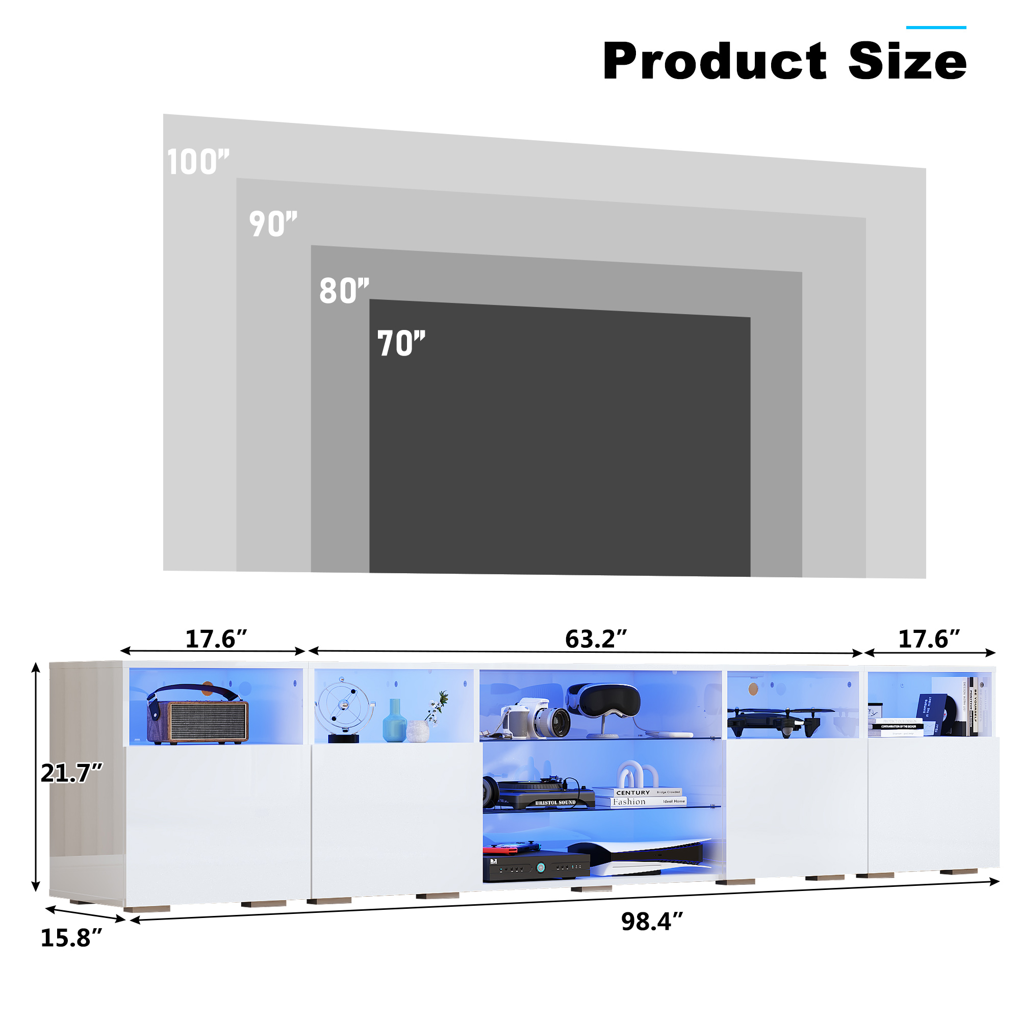 98'' Modular LED TV Stand for TVs up to 100'', High Gloss Gaming Entertainment Center with RGB Lights, Cabinets, Tempered Glass Shelves, Media Console for Game Room Living Room