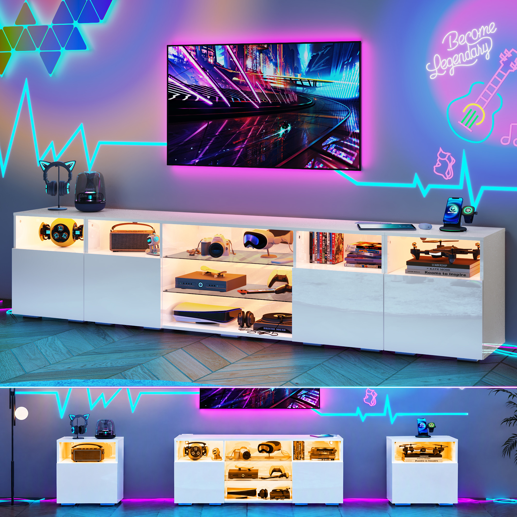 98'' Modular LED TV Stand for TVs up to 100'', High Gloss Gaming Entertainment Center with RGB Lights, Cabinets, Tempered Glass Shelves, Media Console for Game Room Living Room