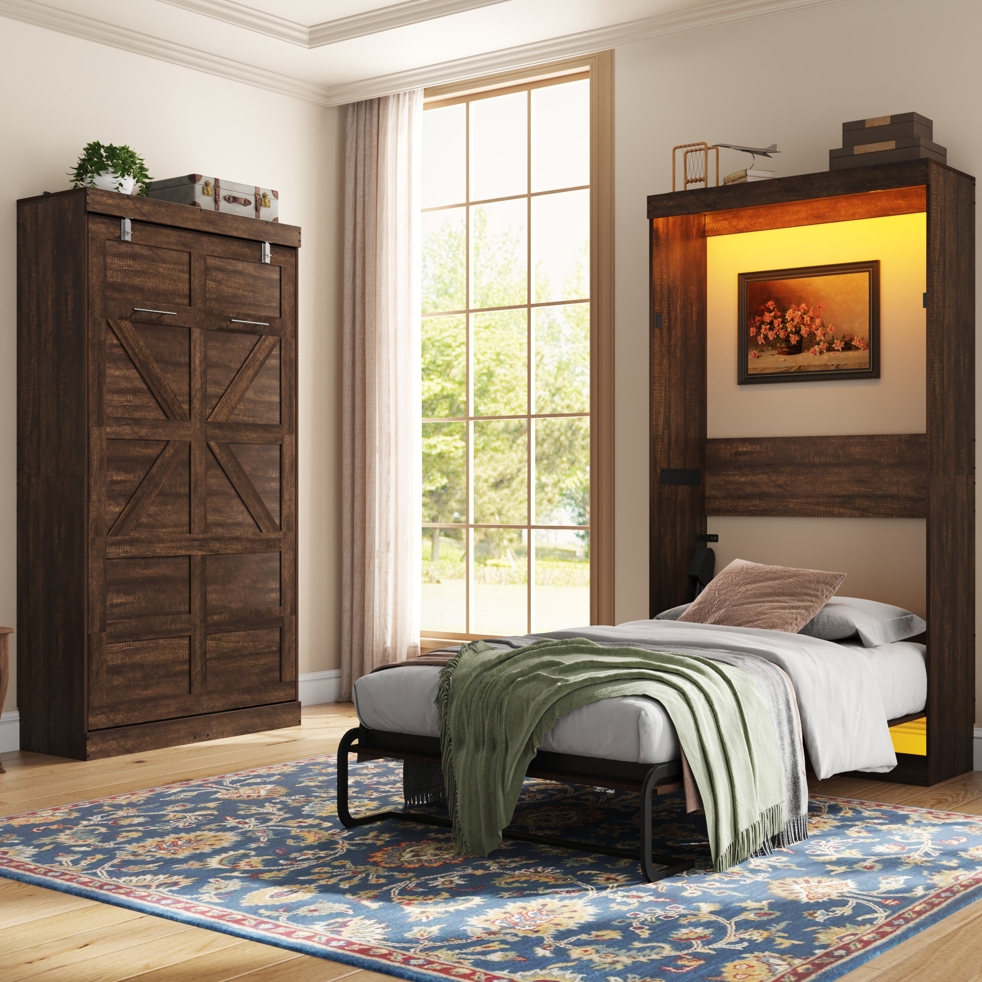 Twin Size Murphy Wall Bed with 2 LED Lights, Farmhouse Wood Space-Saving Hidden Folding Bed Chest, Multifunctional Storage Cabinet Bed with Gas Struts for Bedroom, Guest Room, Office