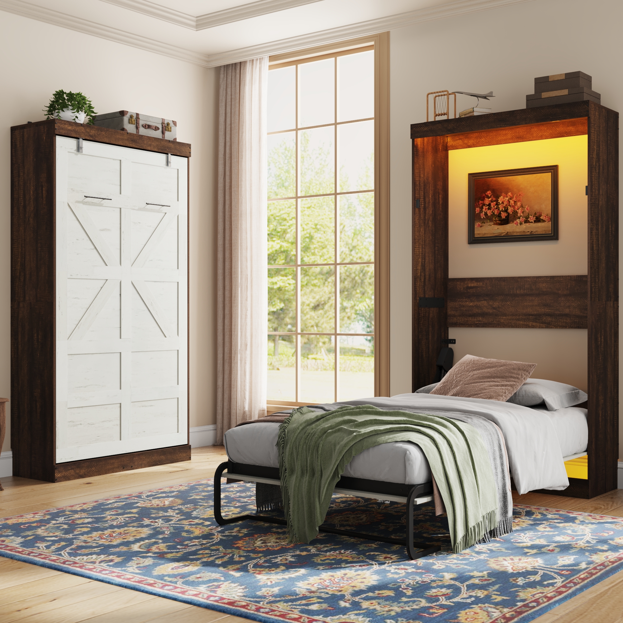 Twin Size Murphy Wall Bed with 2 LED Lights, Farmhouse Wood Space-Saving Hidden Folding Bed Chest, Multifunctional Storage Cabinet Bed with Gas Struts for Bedroom, Guest Room, Office