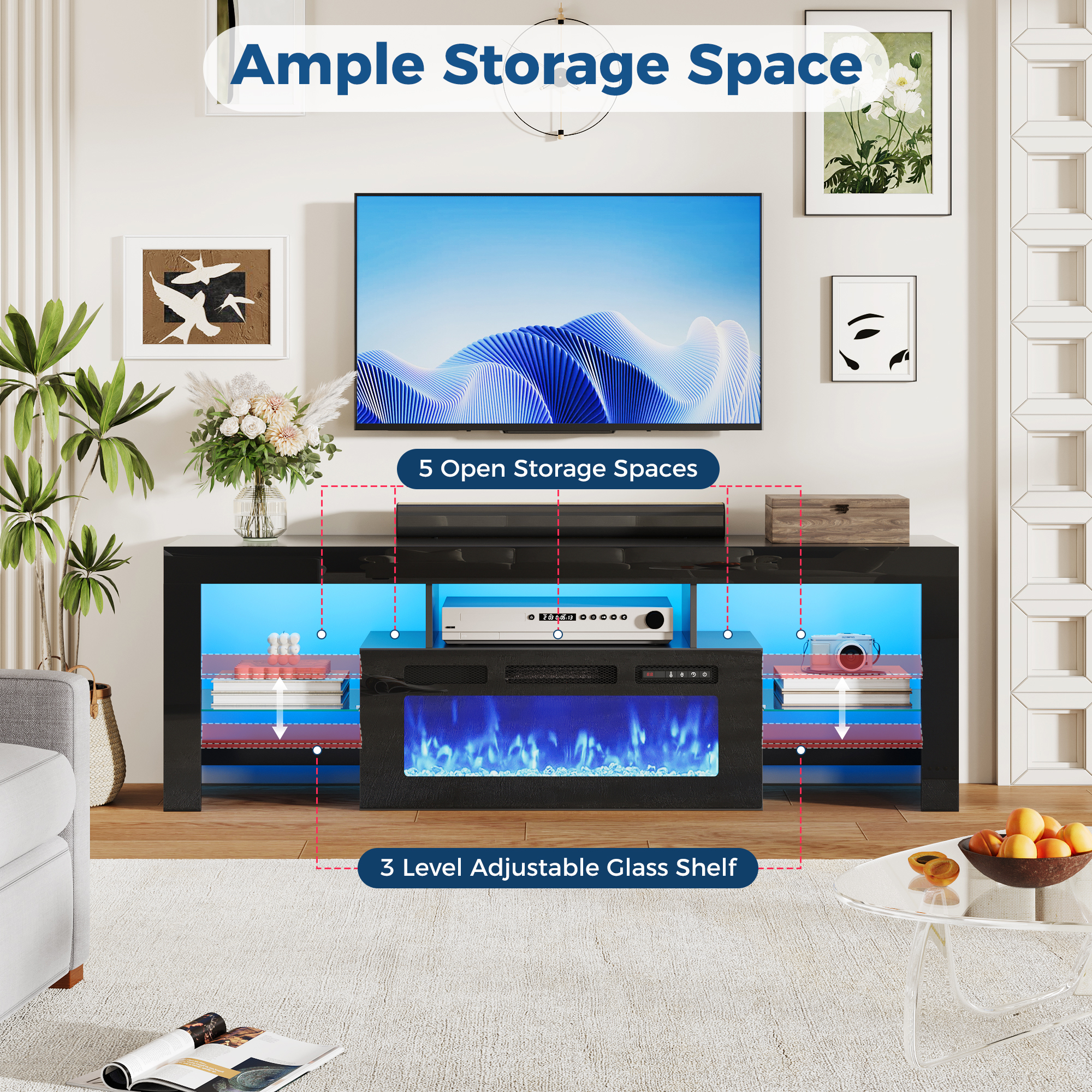 ChVans 71" Fireplace TV Stand for up to 80 inch TVs, Entertainment Center with 36" Electric Fireplace with LED Light, Adjustable Glass Shelves for Living Room & Bedroom