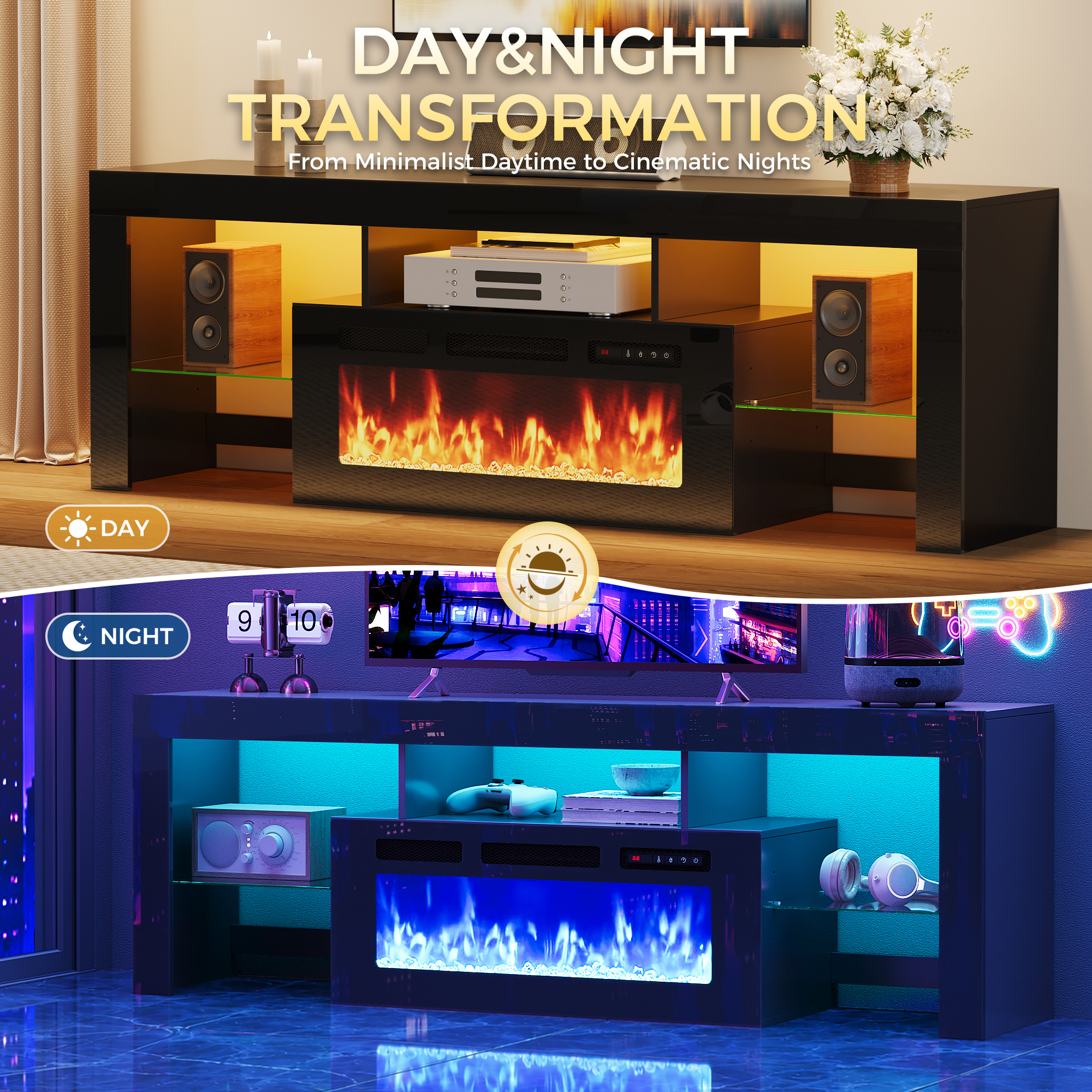 ChVans 71" Fireplace TV Stand for up to 80 inch TVs, Entertainment Center with 36" Electric Fireplace with LED Light, Adjustable Glass Shelves for Living Room & Bedroom