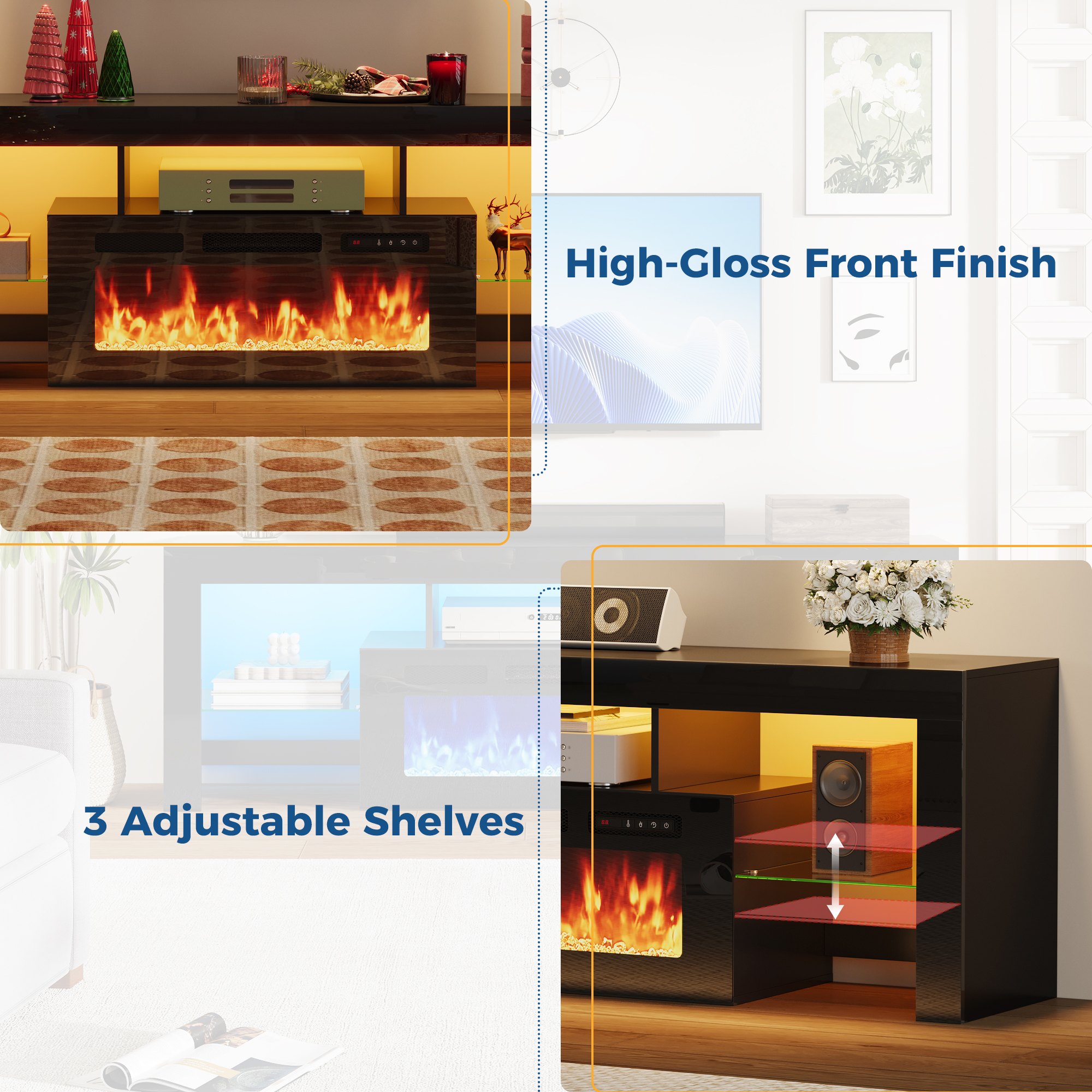 ChVans 71" Fireplace TV Stand for up to 80 inch TVs, Entertainment Center with 36" Electric Fireplace with LED Light, Adjustable Glass Shelves for Living Room & Bedroom