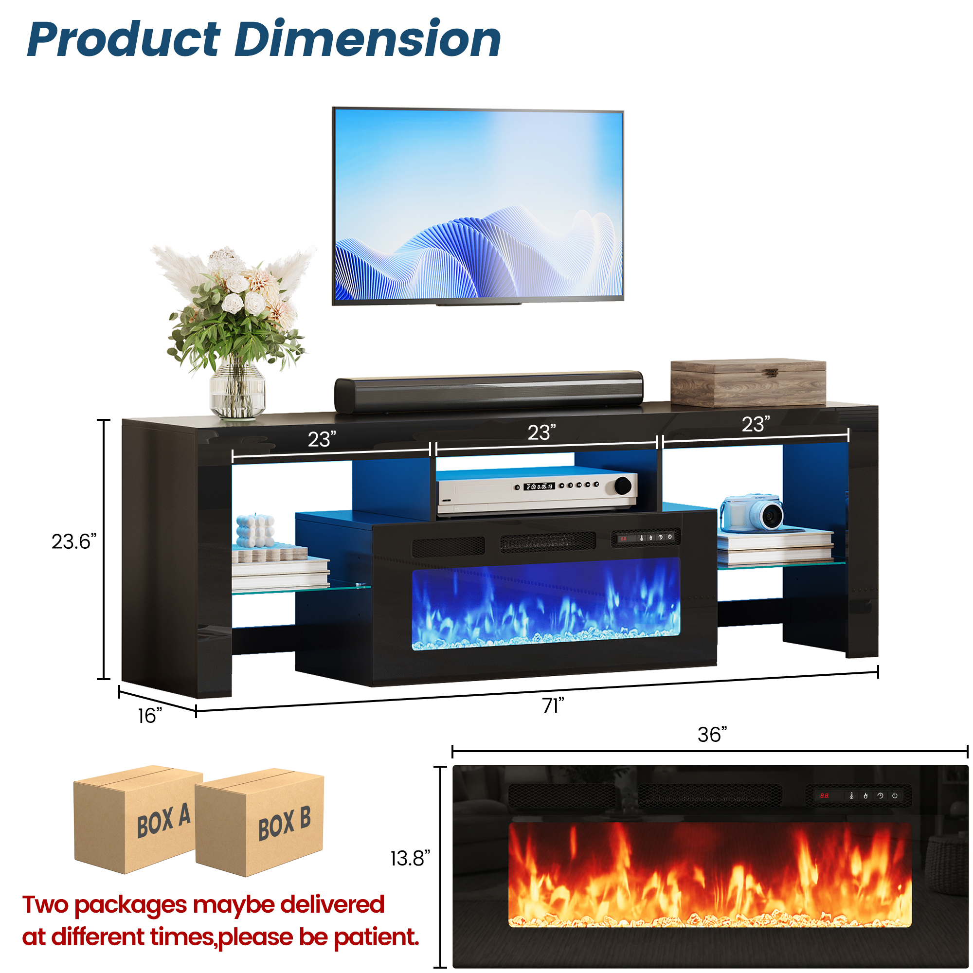 ChVans 71" Fireplace TV Stand for up to 80 inch TVs, Entertainment Center with 36" Electric Fireplace with LED Light, Adjustable Glass Shelves for Living Room & Bedroom