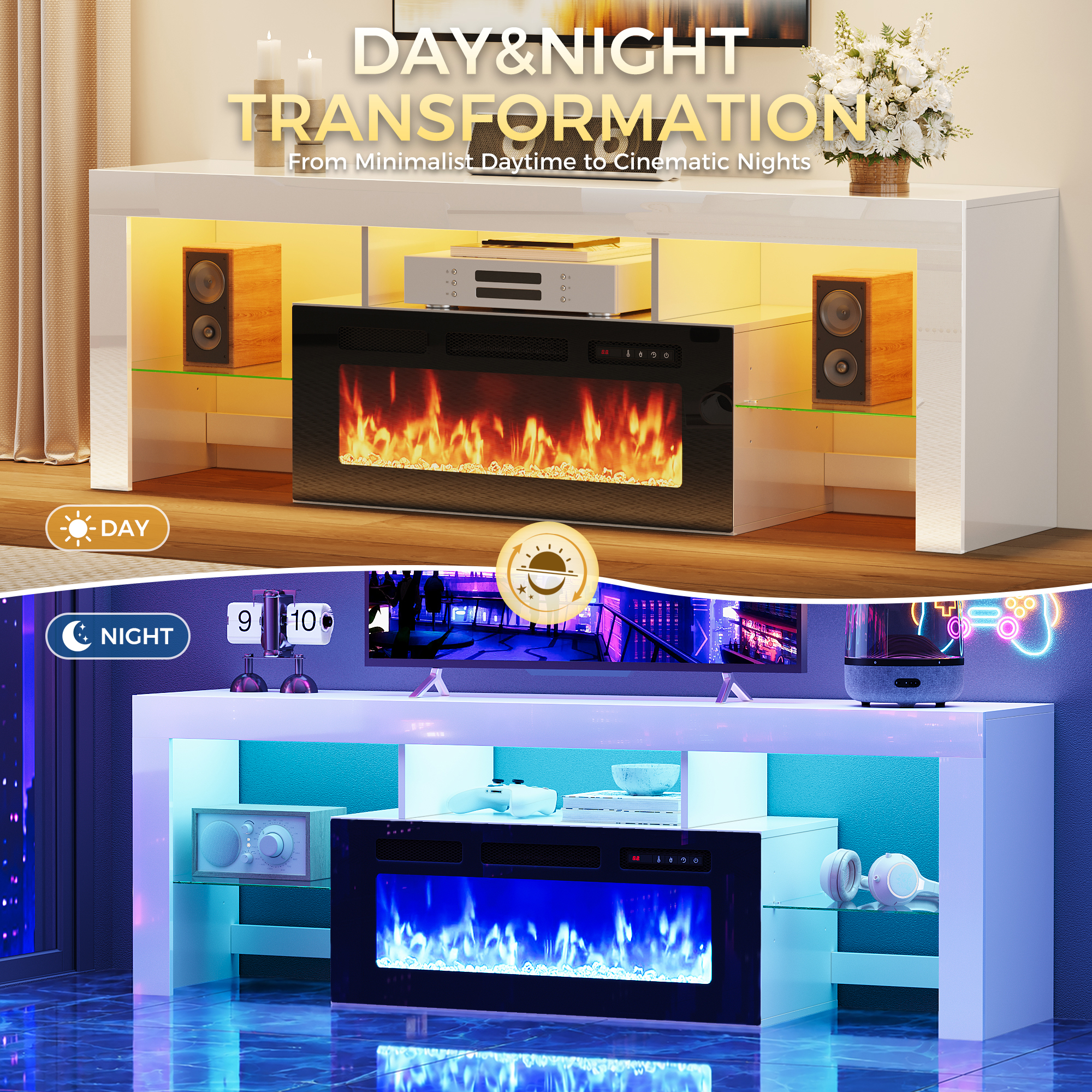 ChVans 71" Fireplace TV Stand for up to 80 inch TVs, Entertainment Center with 36" Electric Fireplace with LED Light, Adjustable Glass Shelves for Living Room & Bedroom