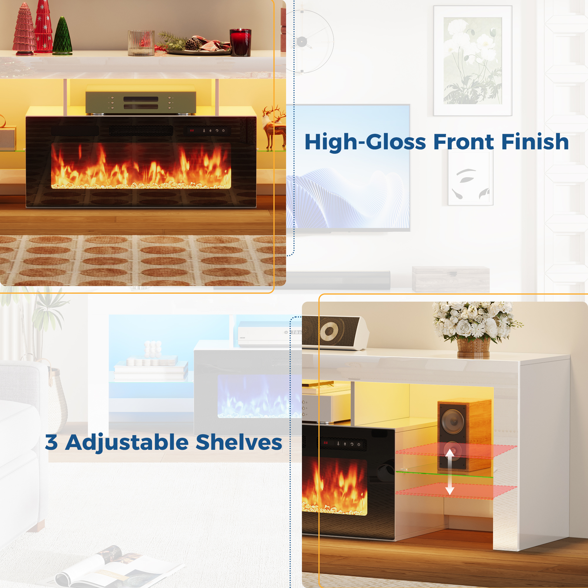 ChVans 71" Fireplace TV Stand for up to 80 inch TVs, Entertainment Center with 36" Electric Fireplace with LED Light, Adjustable Glass Shelves for Living Room & Bedroom