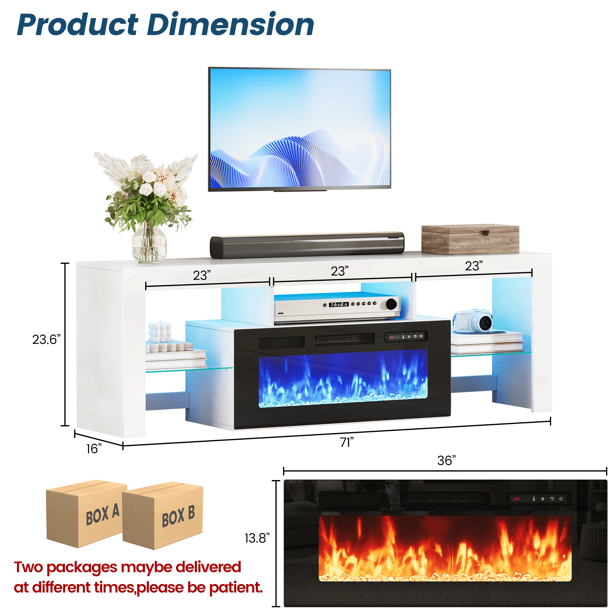 ChVans 71" Fireplace TV Stand for up to 80 inch TVs, Entertainment Center with 36" Electric Fireplace with LED Light, Adjustable Glass Shelves for Living Room & Bedroom
