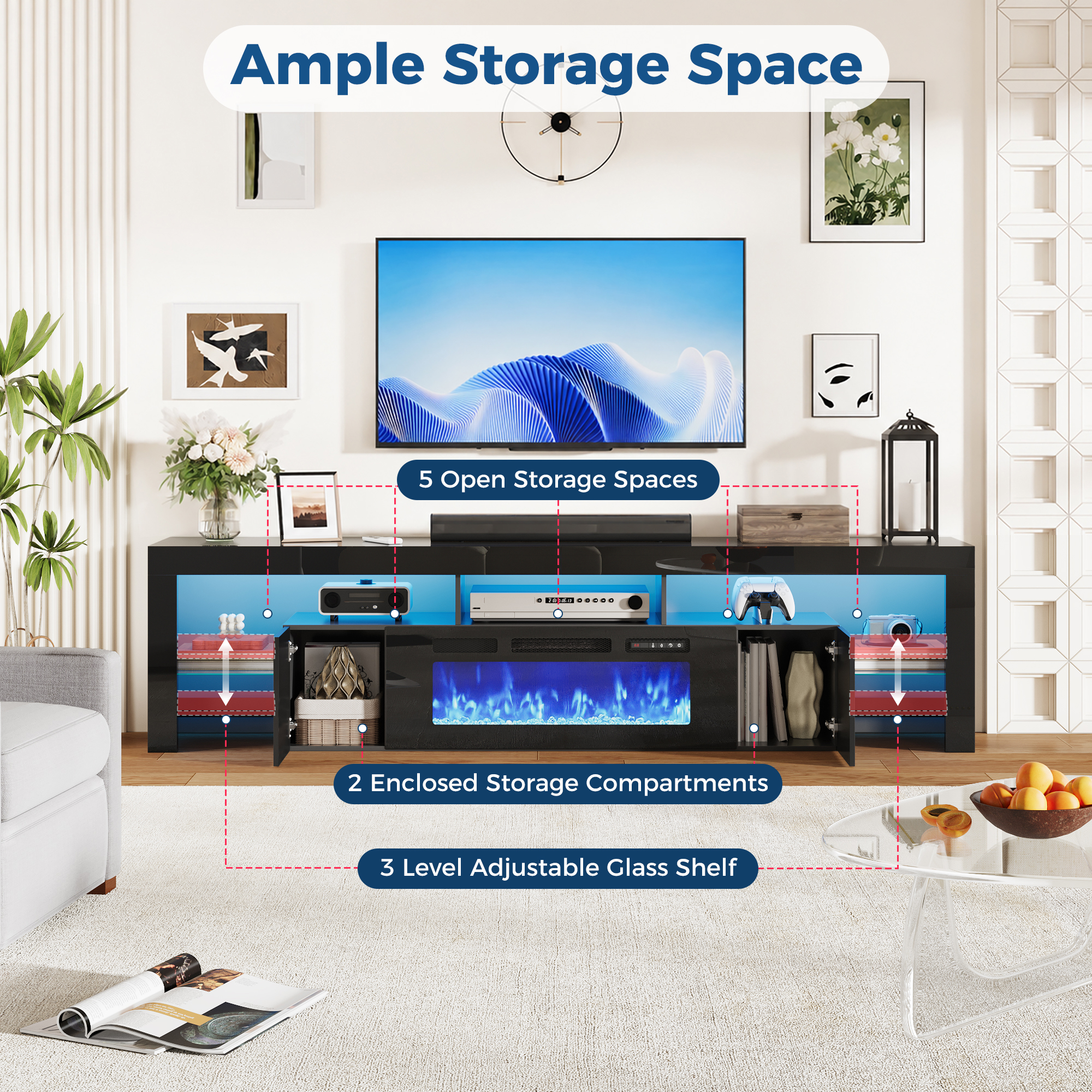 ChVans 94.5" Fireplace TV Stand for up to 100 Inch TV, Entertainment Center with 40" Electric Fireplace, RGB LED Lights, Adjustable Glass Shelves for Living Room & Bedroom