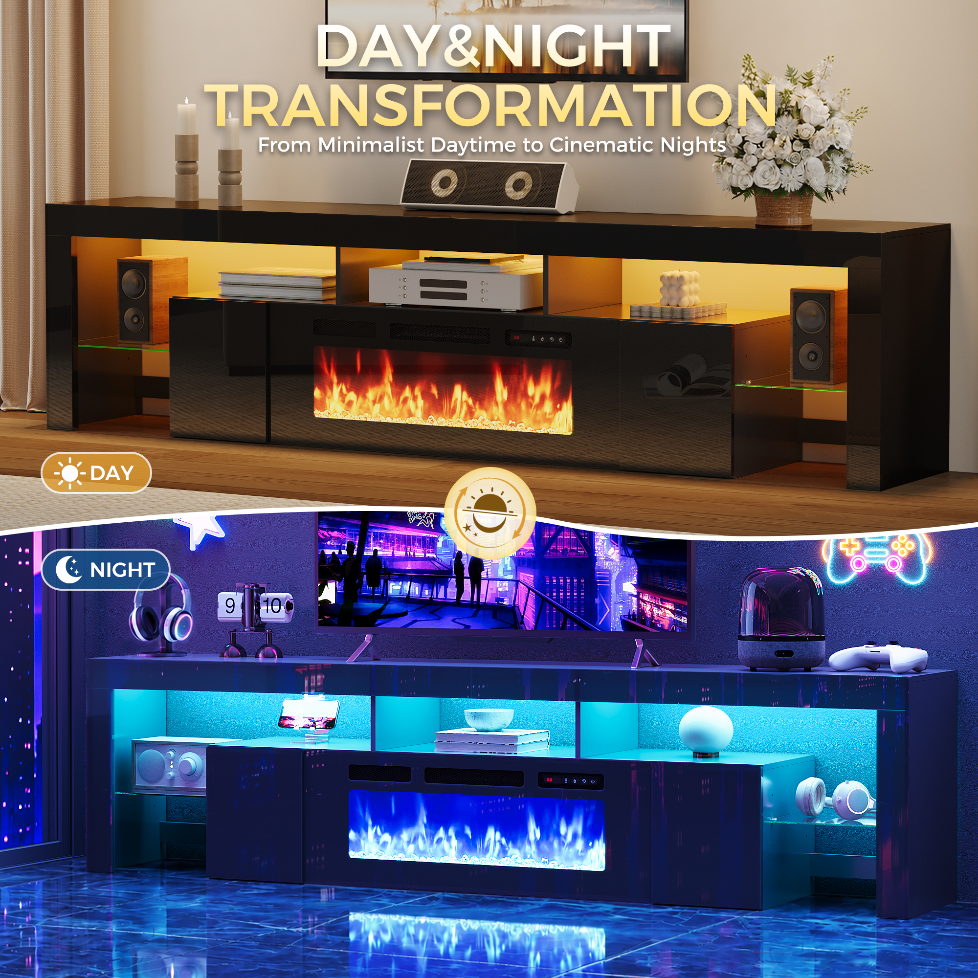 ChVans 94.5" Fireplace TV Stand for up to 100 Inch TV, Entertainment Center with 40" Electric Fireplace, RGB LED Lights, Adjustable Glass Shelves for Living Room & Bedroom