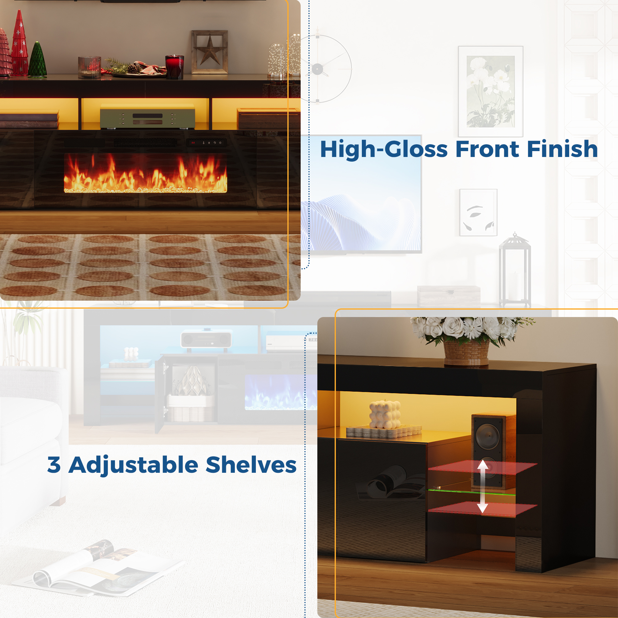 ChVans 94.5" Fireplace TV Stand for up to 100 Inch TV, Entertainment Center with 40" Electric Fireplace, RGB LED Lights, Adjustable Glass Shelves for Living Room & Bedroom