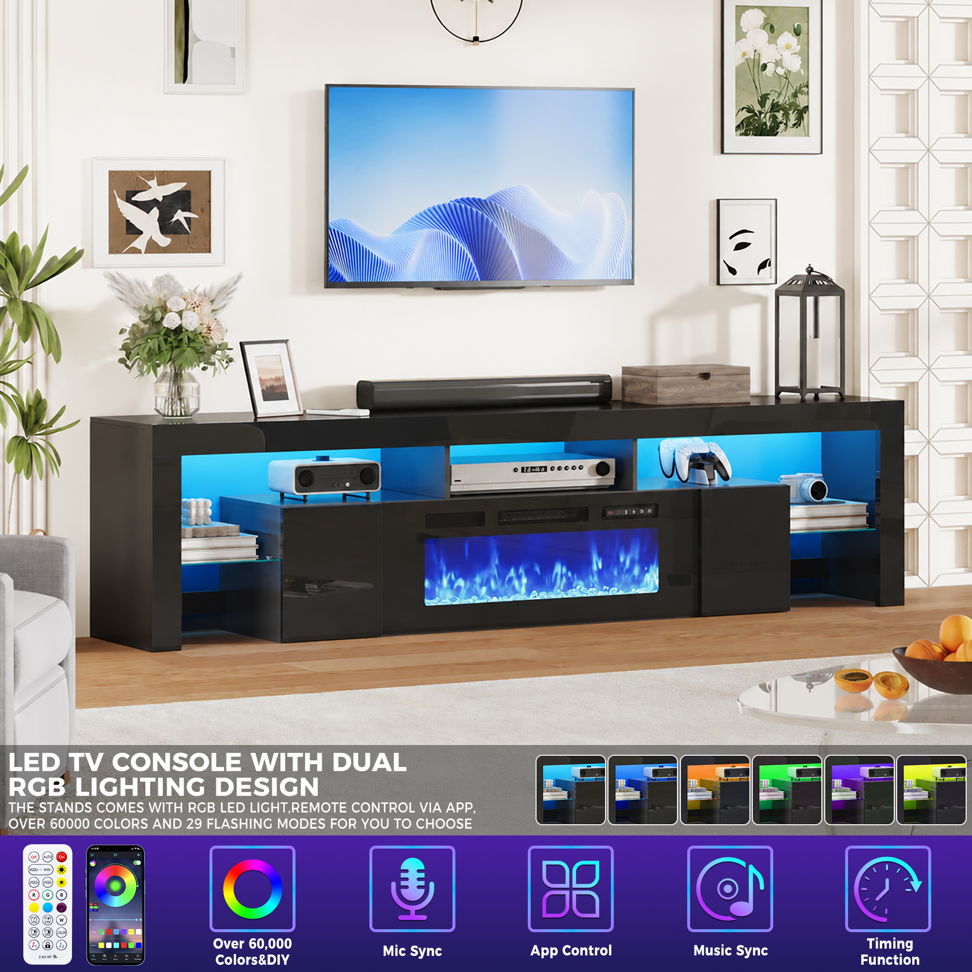 ChVans 94.5" Fireplace TV Stand for up to 100 Inch TV, Entertainment Center with 40" Electric Fireplace, RGB LED Lights, Adjustable Glass Shelves for Living Room & Bedroom