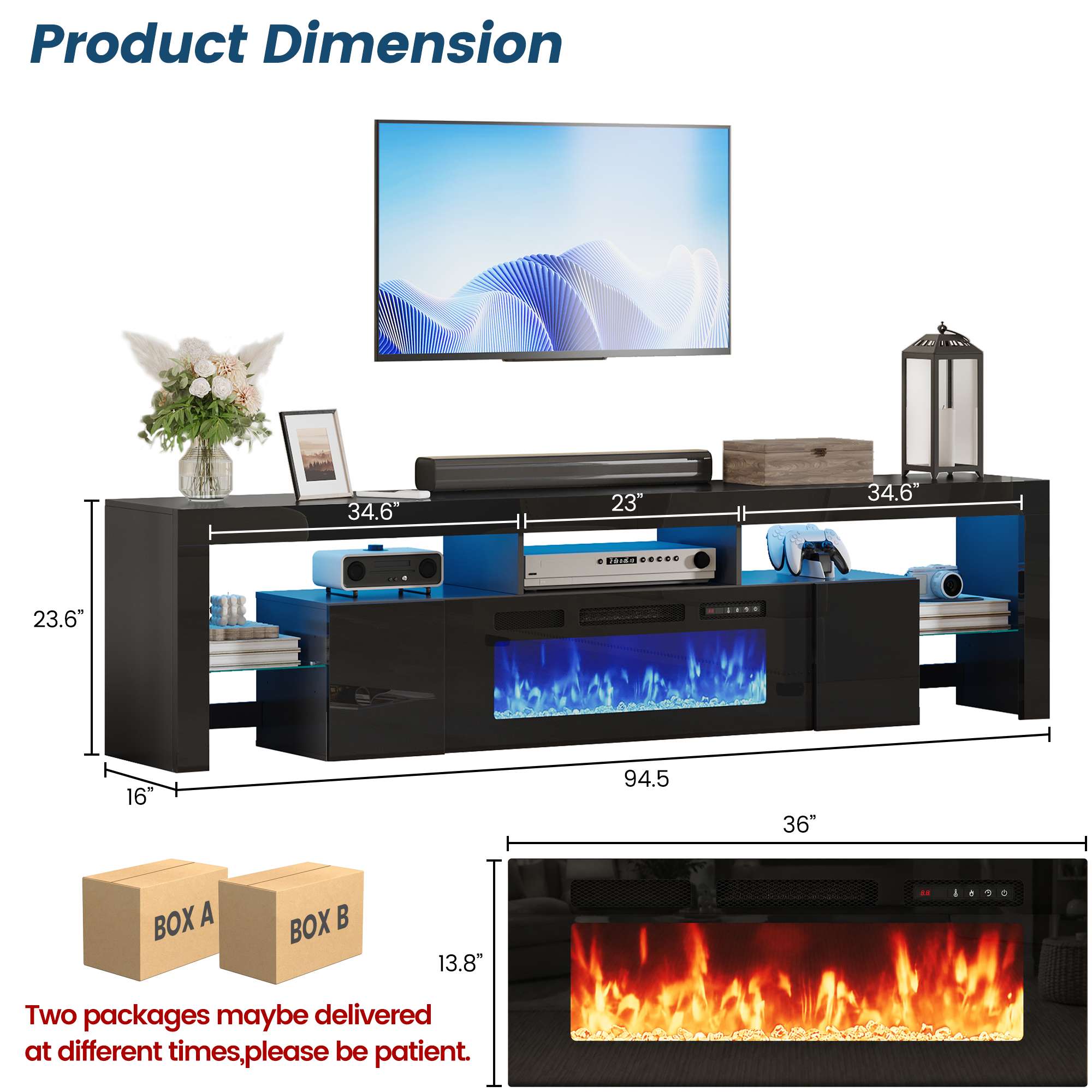 ChVans 94.5" Fireplace TV Stand for up to 100 Inch TV, Entertainment Center with 40" Electric Fireplace, RGB LED Lights, Adjustable Glass Shelves for Living Room & Bedroom