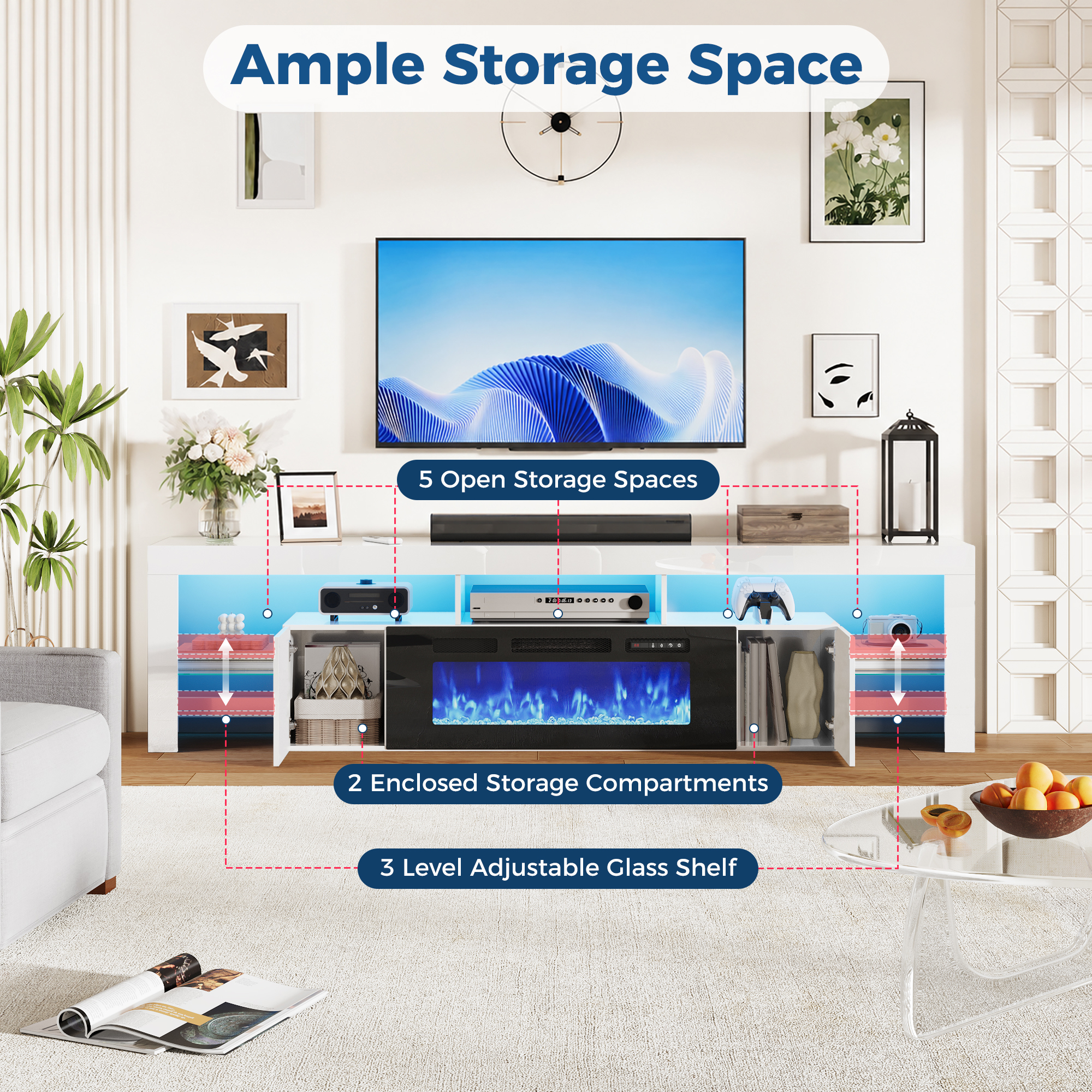 ChVans 94.5" Fireplace TV Stand for up to 100 Inch TV, Entertainment Center with 40" Electric Fireplace, RGB LED Lights, Adjustable Glass Shelves for Living Room & Bedroom
