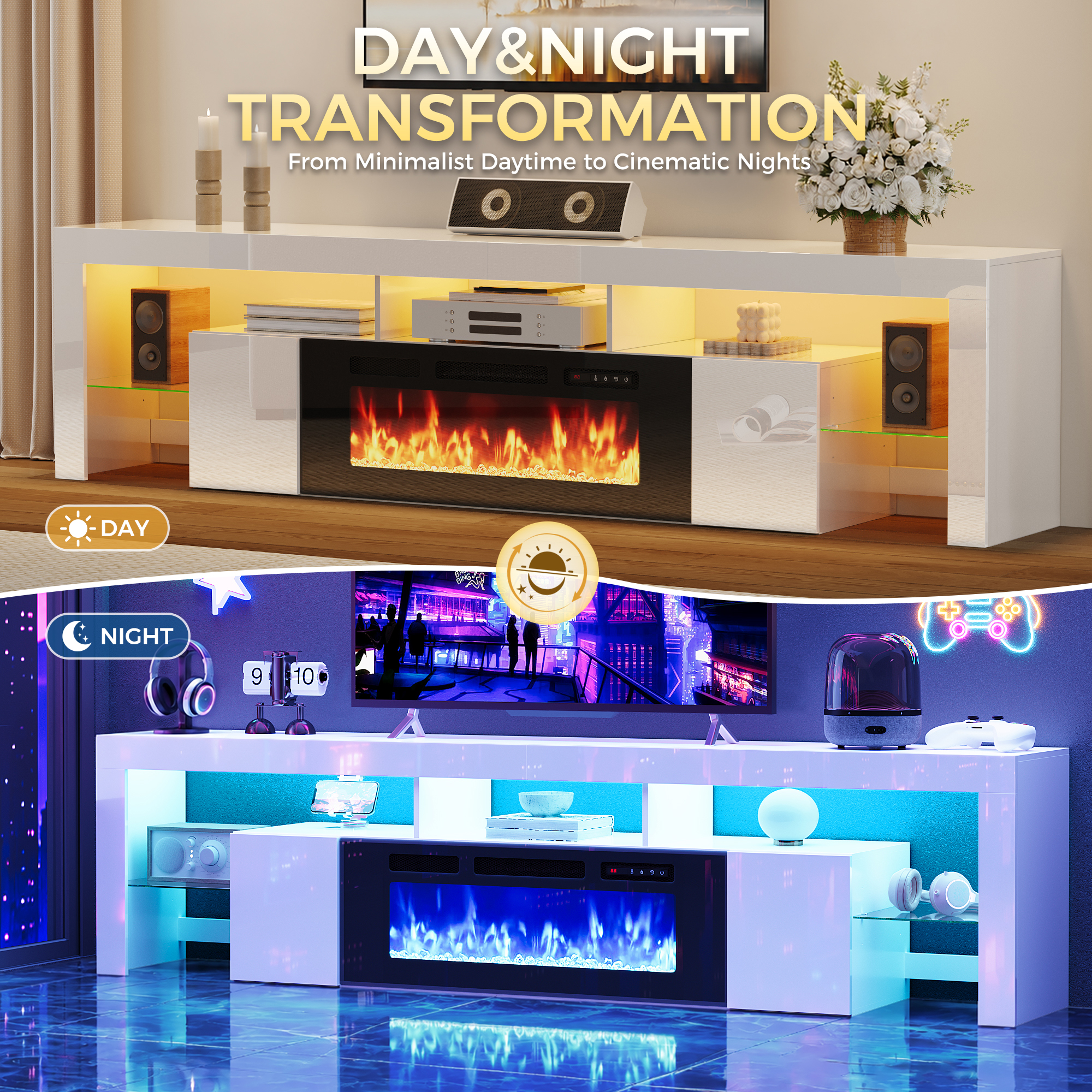 ChVans 94.5" Fireplace TV Stand for up to 100 Inch TV, Entertainment Center with 40" Electric Fireplace, RGB LED Lights, Adjustable Glass Shelves for Living Room & Bedroom