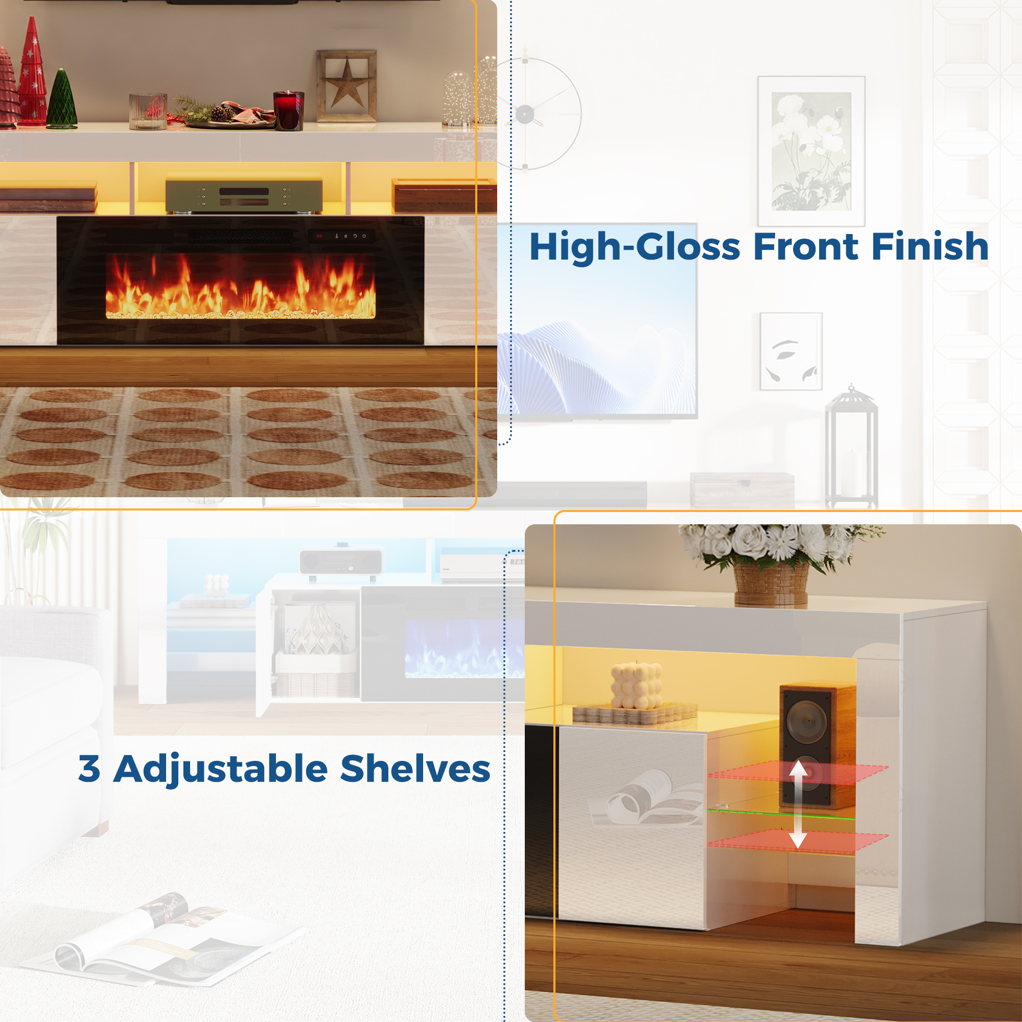 ChVans 94.5" Fireplace TV Stand for up to 100 Inch TV, Entertainment Center with 40" Electric Fireplace, RGB LED Lights, Adjustable Glass Shelves for Living Room & Bedroom