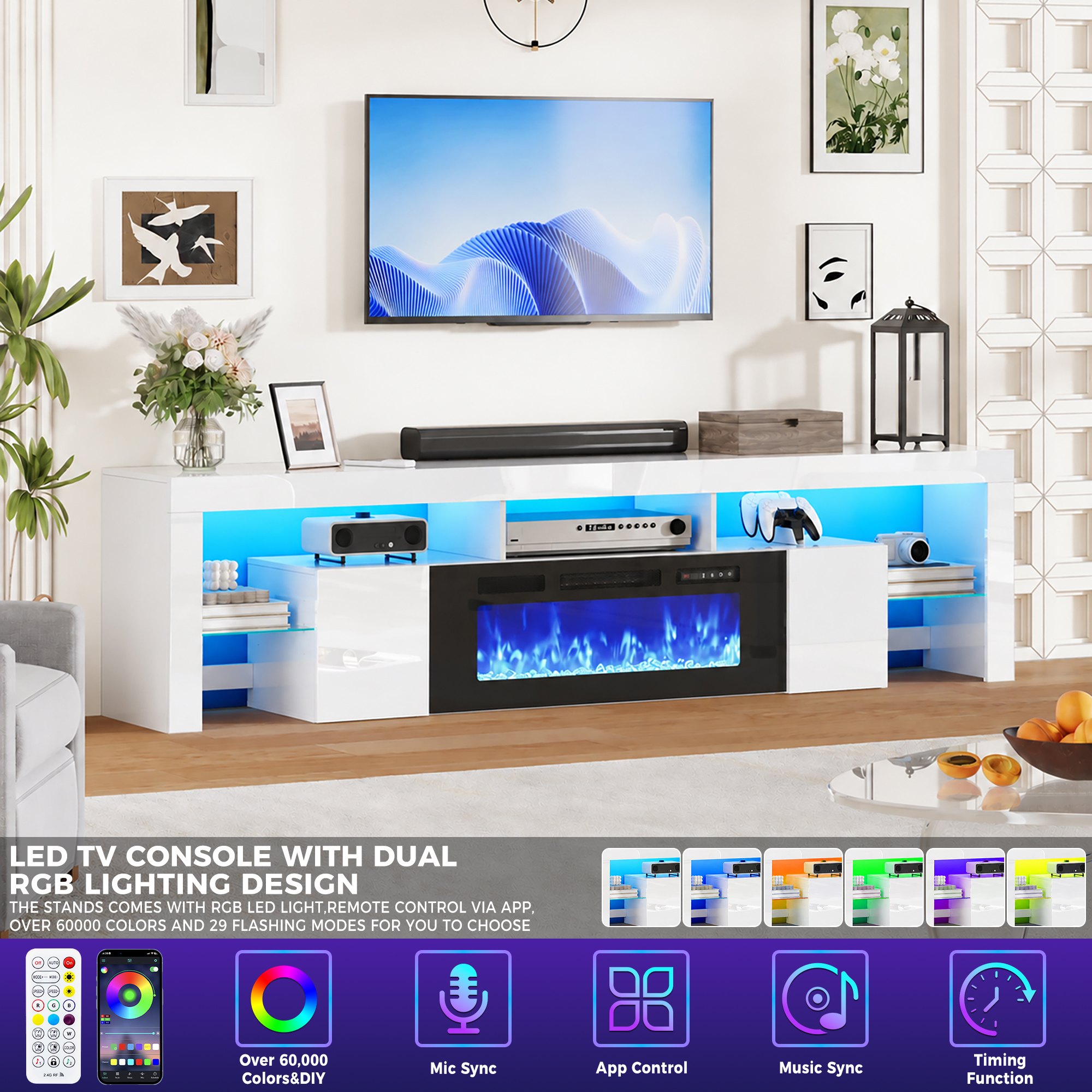 ChVans 94.5" Fireplace TV Stand for up to 100 Inch TV, Entertainment Center with 40" Electric Fireplace, RGB LED Lights, Adjustable Glass Shelves for Living Room & Bedroom