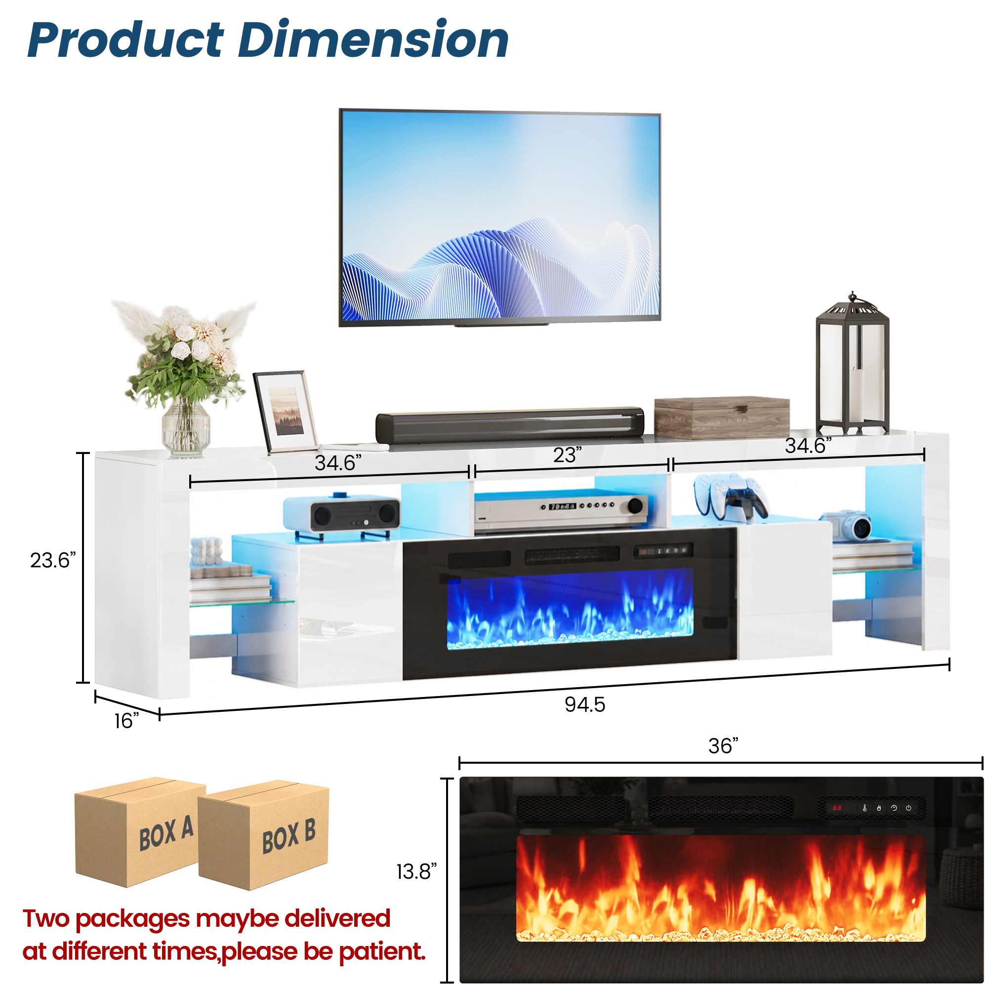 ChVans 94.5" Fireplace TV Stand for up to 100 Inch TV, Entertainment Center with 40" Electric Fireplace, RGB LED Lights, Adjustable Glass Shelves for Living Room & Bedroom