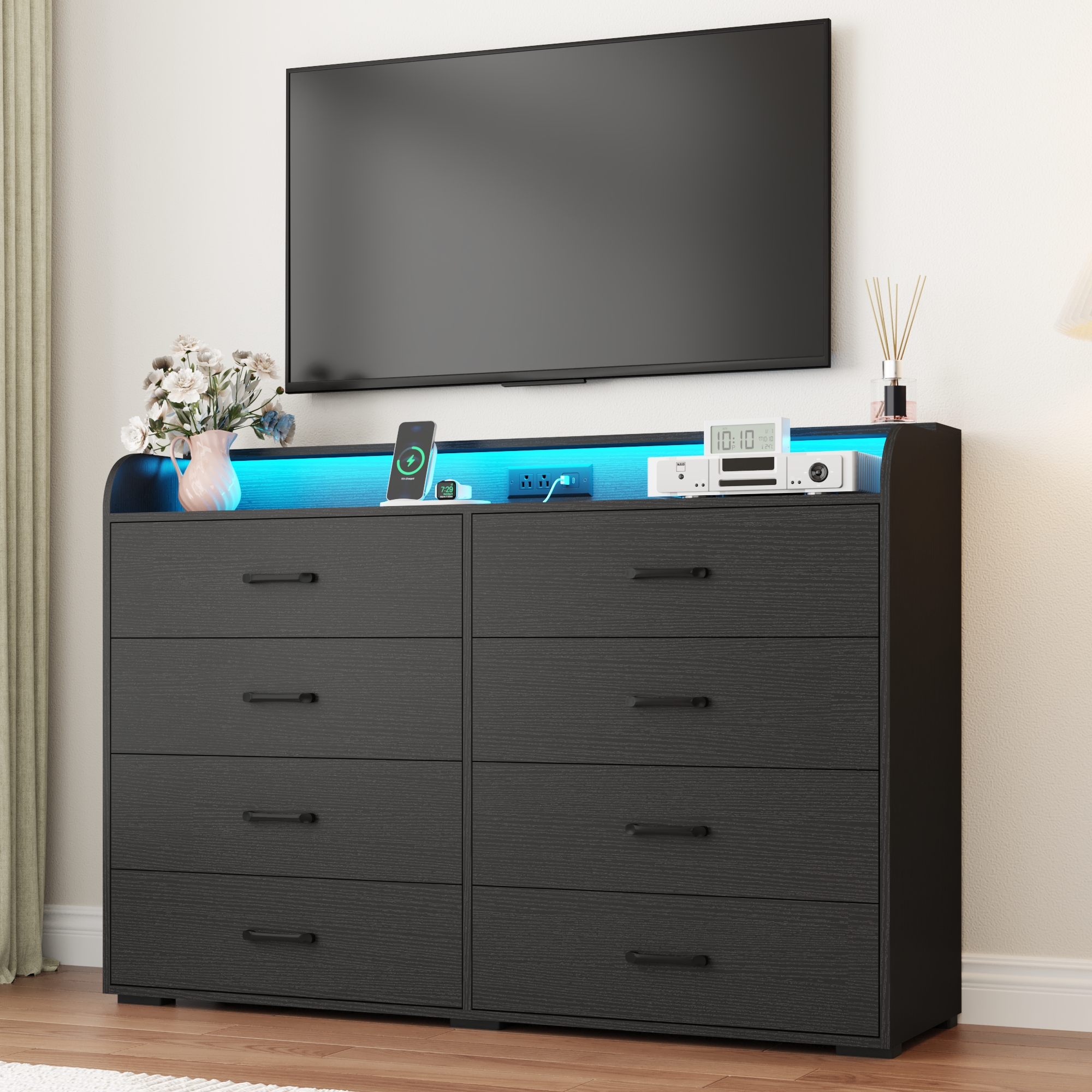 8 Drawer Dresser for Bedroom, 55" Long Wood dresser with Power Outlet, LED Light and Deep Big Drawers, Modern Minimalist Dresser Wide Chest of Drawers for Bedroom, Living Room