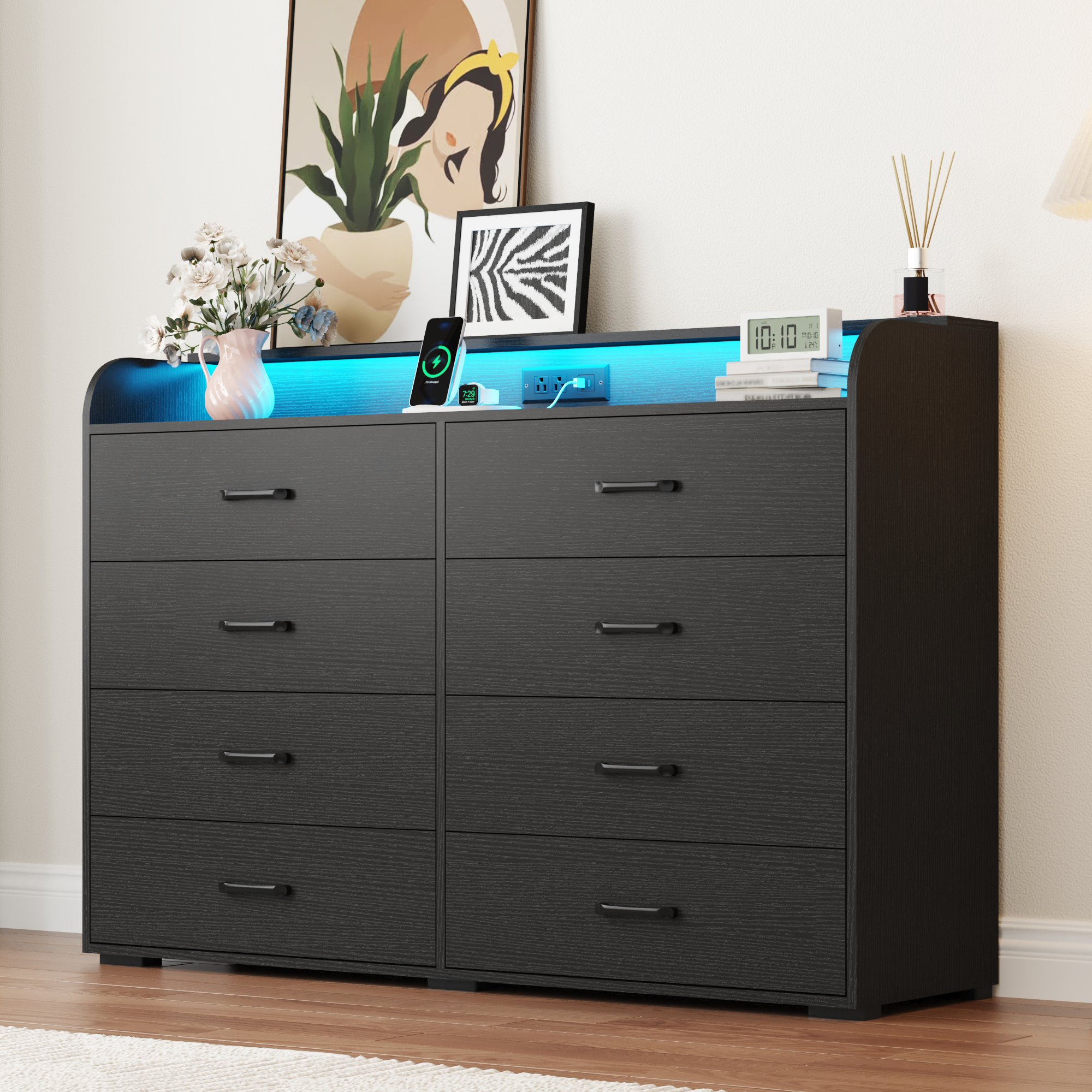 8 Drawer Dresser for Bedroom, 55" Long Wood dresser with Power Outlet, LED Light and Deep Big Drawers, Modern Minimalist Dresser Wide Chest of Drawers for Bedroom, Living Room