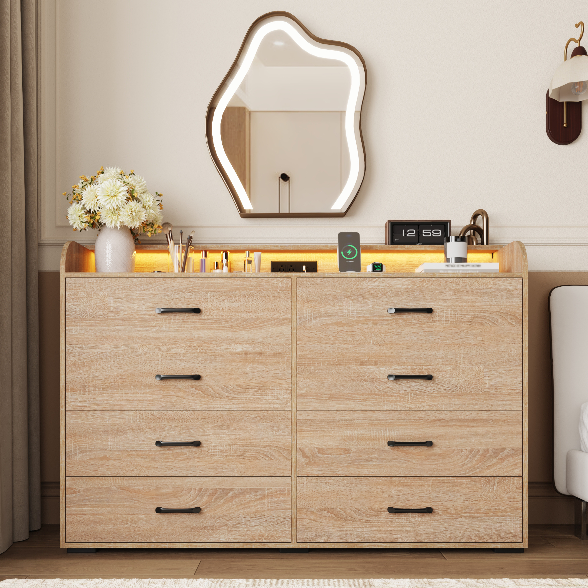 8 Drawer Dresser for Bedroom, 55" Long Wood dresser with Power Outlet, LED Light and Deep Big Drawers, Modern Minimalist Dresser Wide Chest of Drawers for Bedroom, Living Room