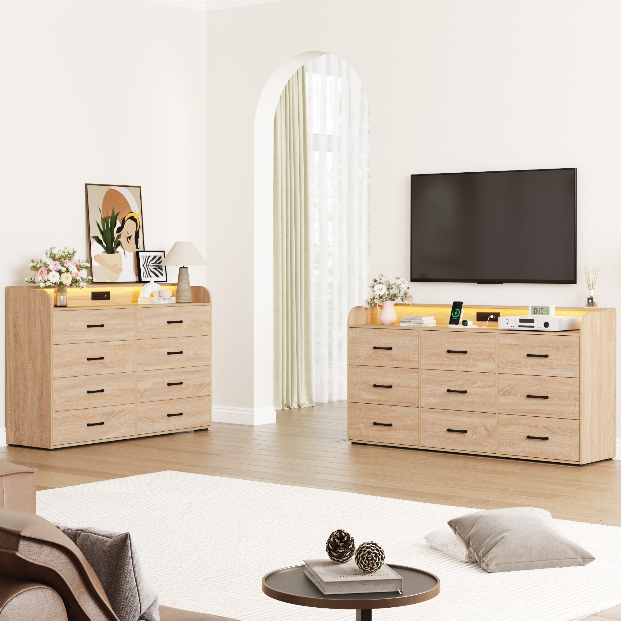 8 Drawer Dresser for Bedroom, 55" Long Wood dresser with Power Outlet, LED Light and Deep Big Drawers, Modern Minimalist Dresser Wide Chest of Drawers for Bedroom, Living Room