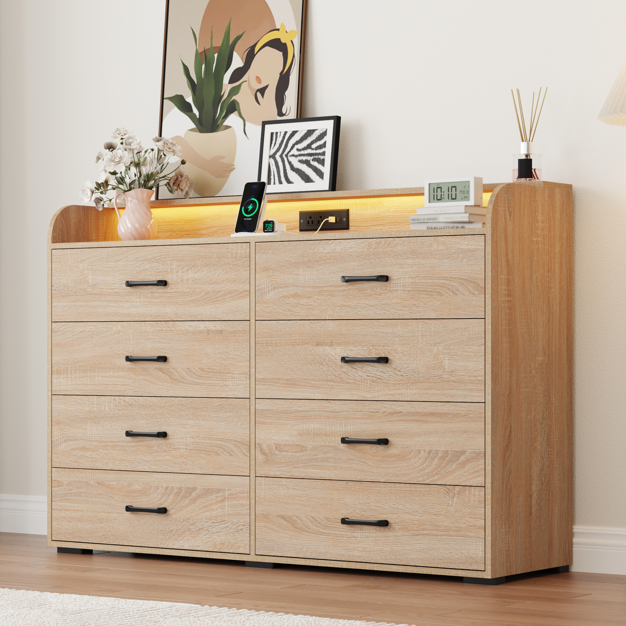 8 Drawer Dresser for Bedroom, 55" Long Wood dresser with Power Outlet, LED Light and Deep Big Drawers, Modern Minimalist Dresser Wide Chest of Drawers for Bedroom, Living Room