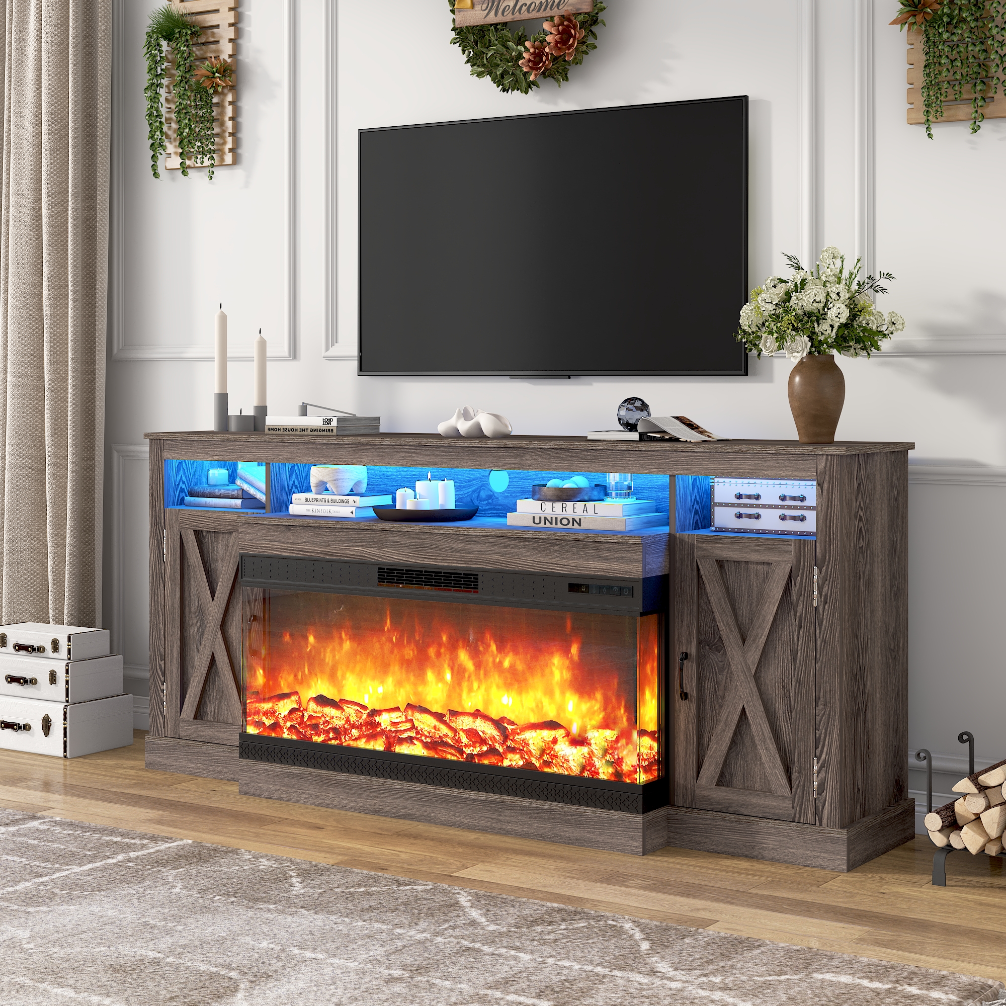 ChVans 3-Sided Glass Farmhouse 74" Fireplace TV Stand for TVs up to 85", Entertainment Center Console Table with 40" Electric Fireplace