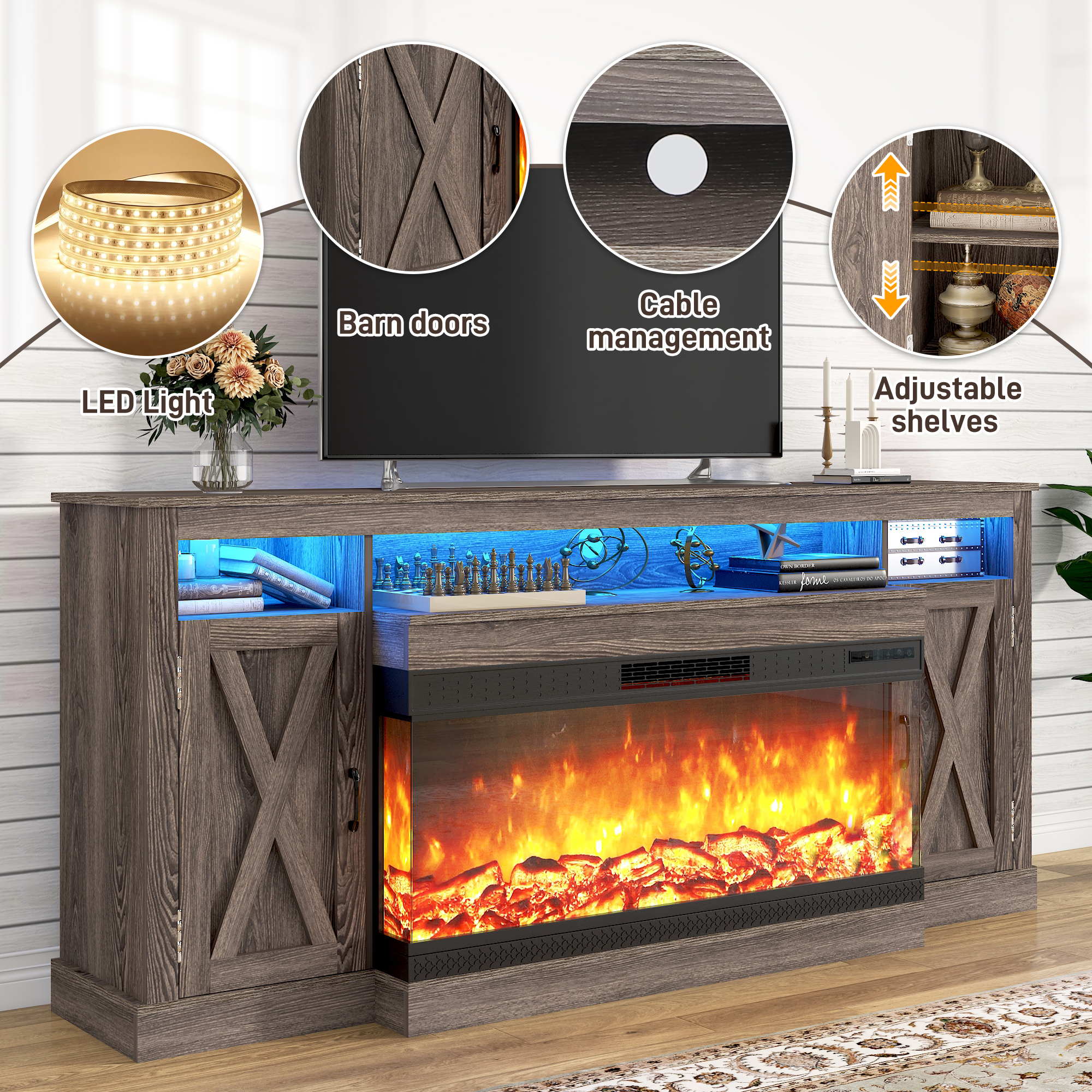 ChVans 3-Sided Glass Farmhouse 74" Fireplace TV Stand for TVs up to 85", Entertainment Center Console Table with 40" Electric Fireplace