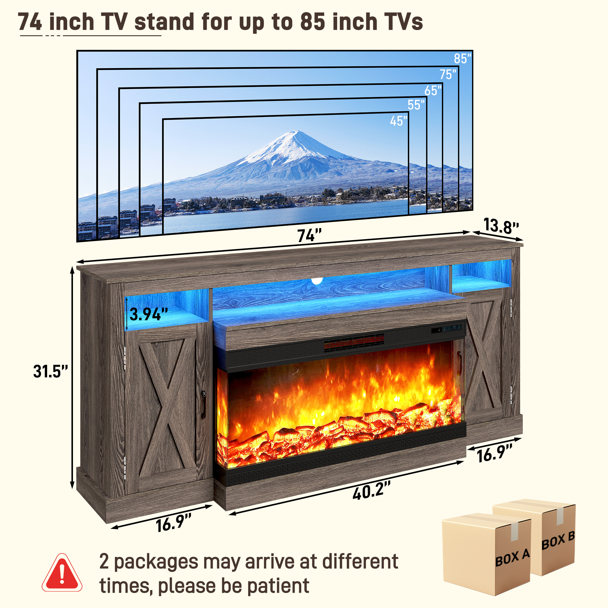 ChVans 3-Sided Glass Farmhouse 74" Fireplace TV Stand for TVs up to 85", Entertainment Center Console Table with 40" Electric Fireplace