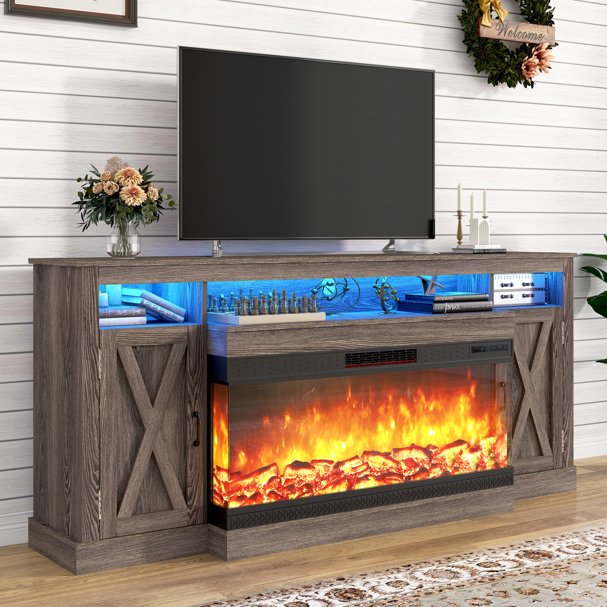 ChVans 3-Sided Glass Farmhouse 74" Fireplace TV Stand for TVs up to 85", Entertainment Center Console Table with 40" Electric Fireplace