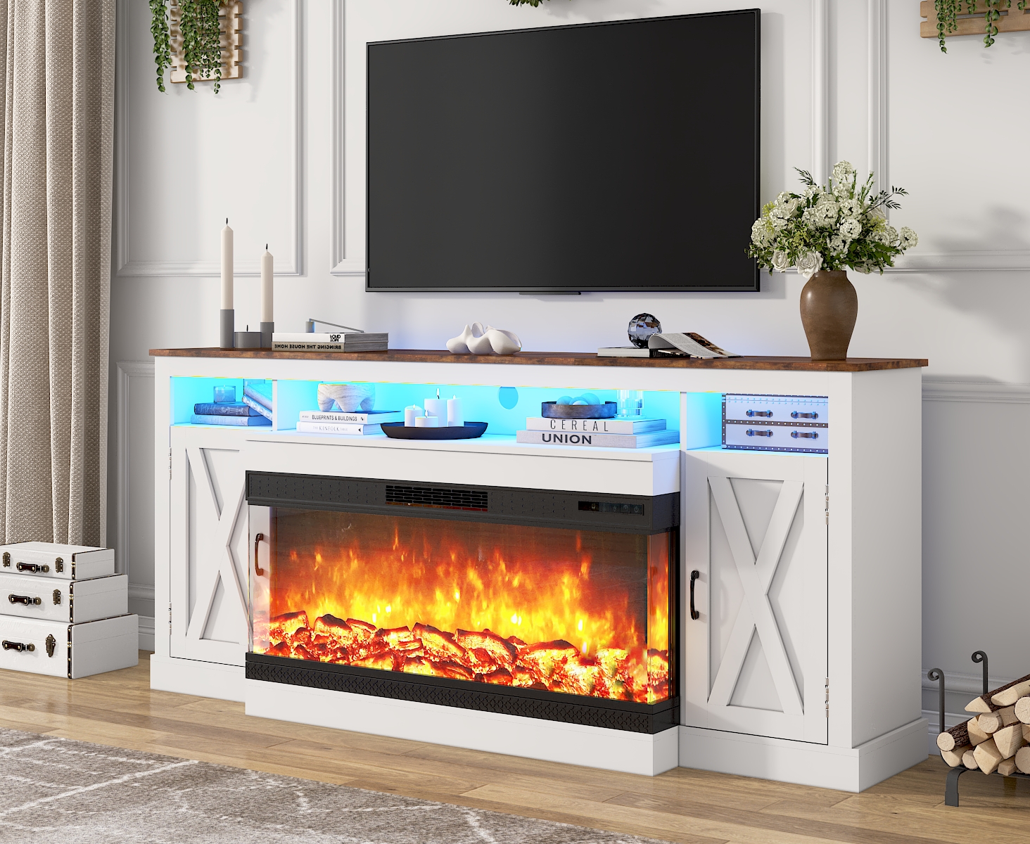 ChVans 3-Sided Glass Farmhouse 74" Fireplace TV Stand for TVs up to 85", Entertainment Center Console Table with 40" Electric Fireplace